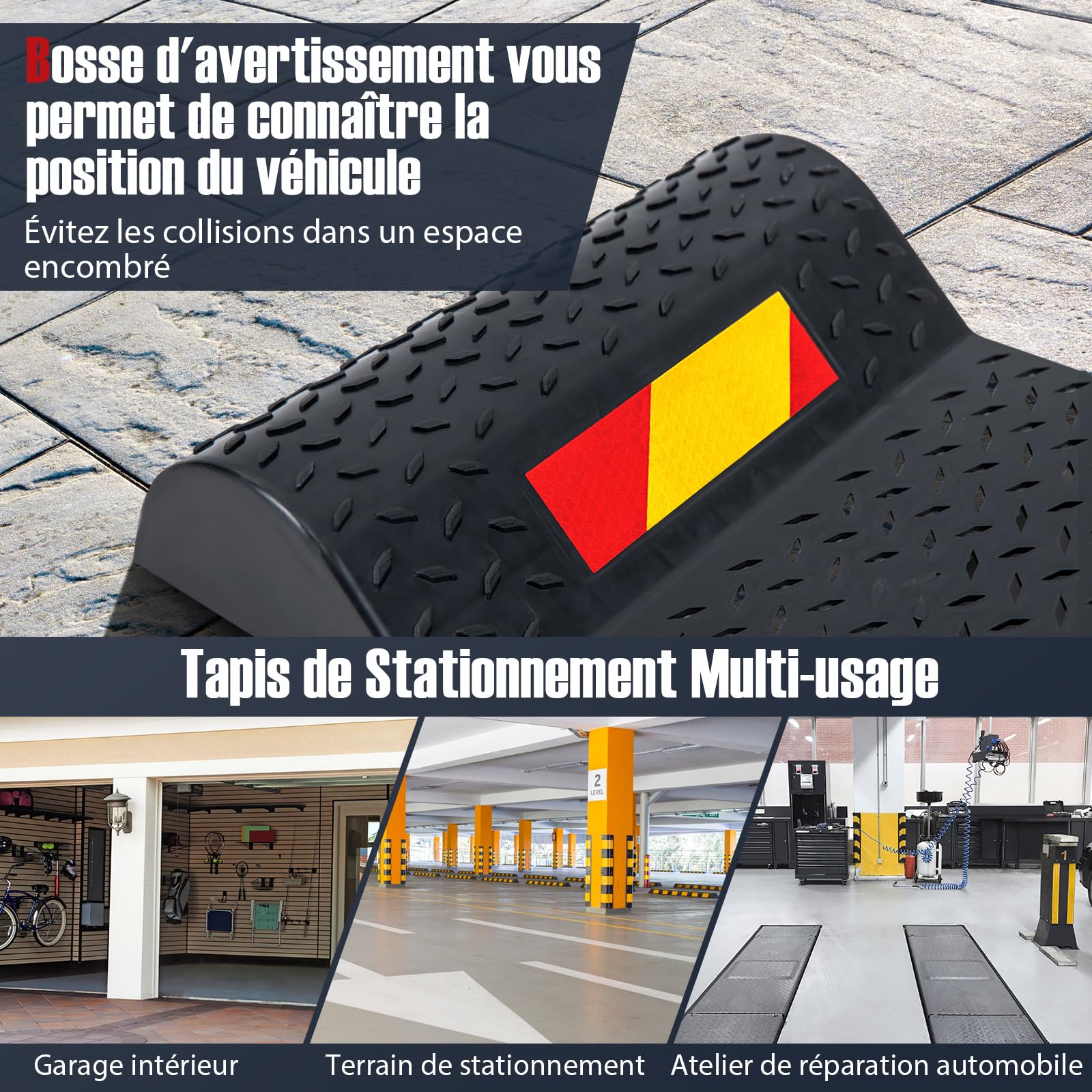 COSTWAY Lot de 2 Butée de Roue Antidérapant pour Garage, Tapis Aide au Stationnement avec Bande d'Avertissement, Guide des Pneus pour Plupart des Véhicules 53 x 25,5 x 5 cm, Noir