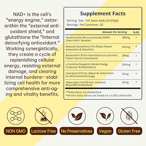 Miniatura 7 de NMN Supplement-NAD+ - Gotas líquidas potenciadoras con glutatión y astaxantina para una mayor absorción, energía celular y soporte antioxidante