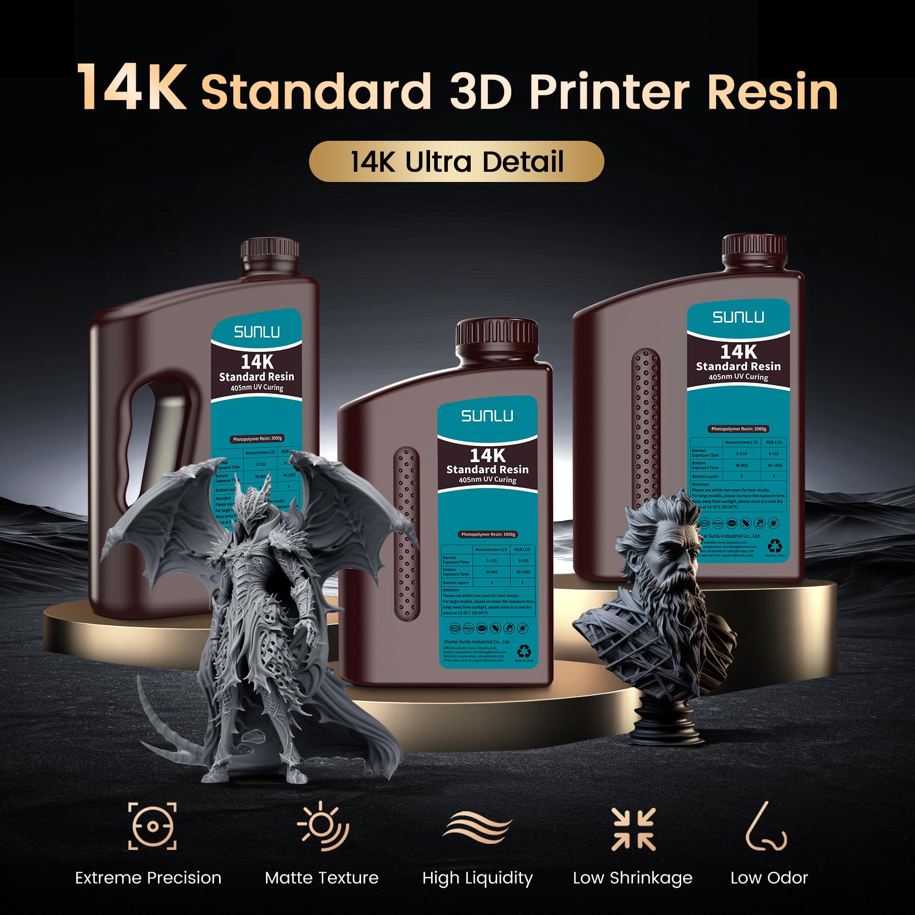 SUNLU - Résine d'impression 3D haute précision 14K, 2 kg, résine d'impression 3D standard pour impression de détails miniatures, résine photopolymère UV 405 nm, surface mate lisse,