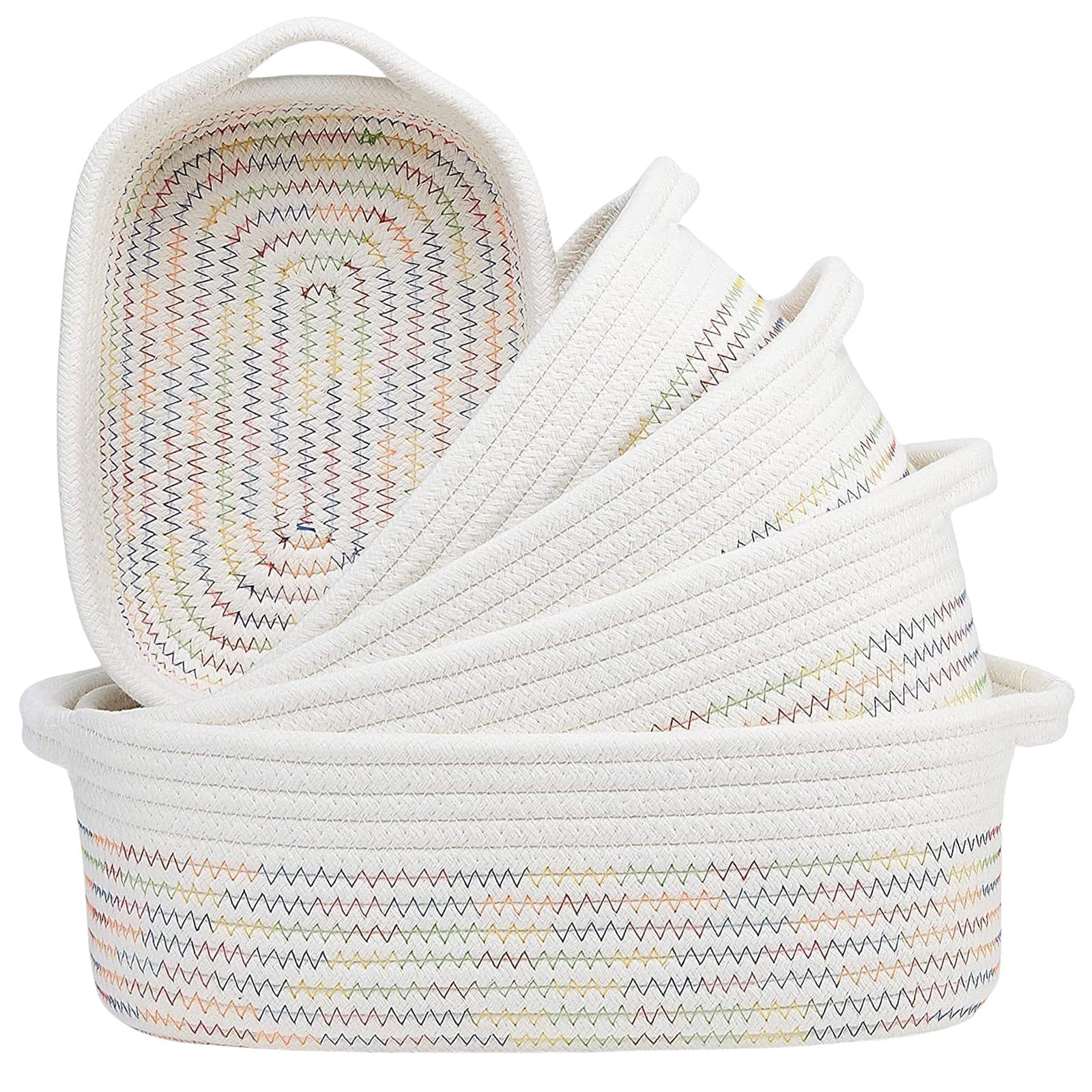 Jazuaiao Five Pieces Sturdy Cotton Rope Storage Basket Set Portable for Organizing Clothes Toy and Household Items Cotton Rope Baskets