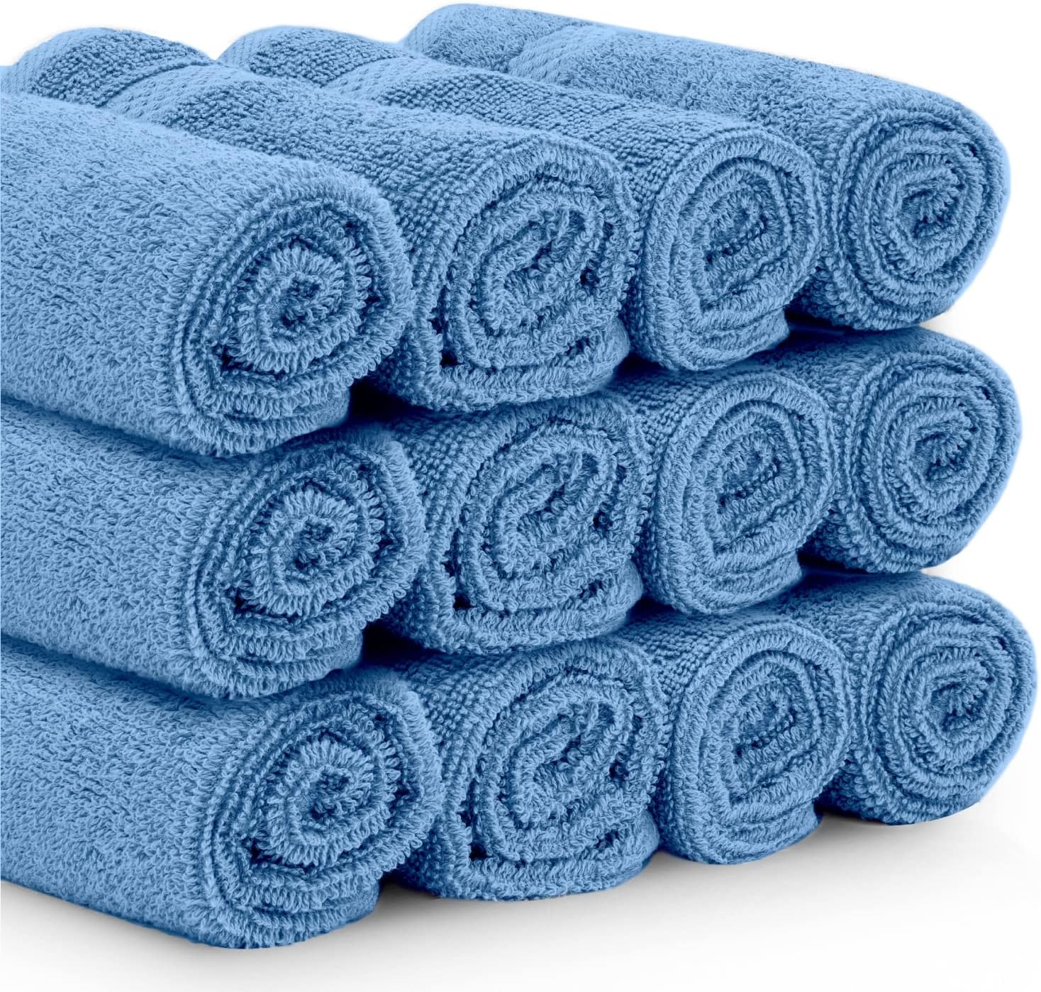 White Classic Luxury Cotton Washcloths 13x13 Inch - 650 GSM Turkish Cotton | Hotel, Spa, Bathroom Face Towel | 12 Pack, Light Blue