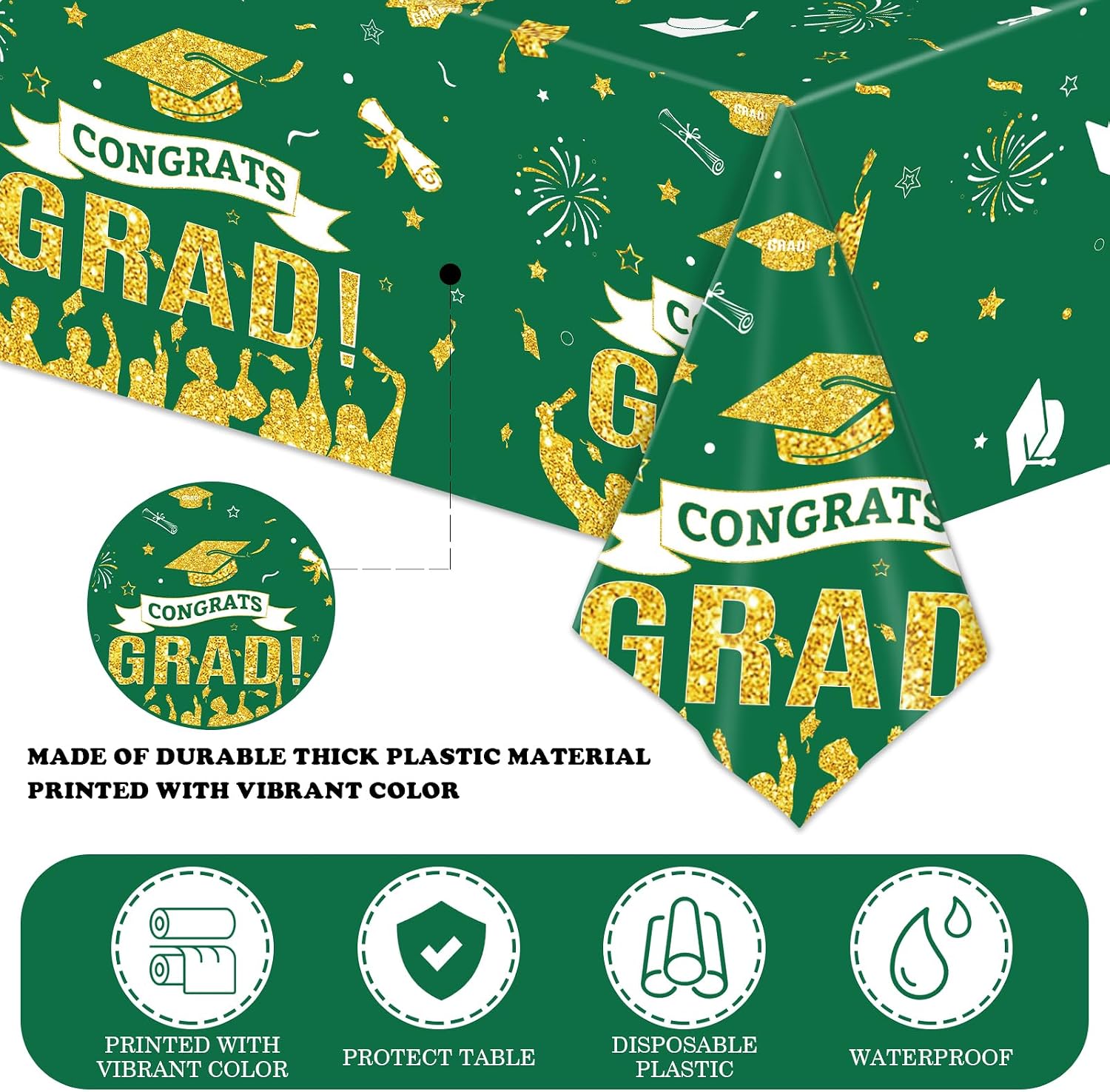 BokingOne Graduation Decorations 2026-3 Pack Green Gold Plastic Table Covers Disposable 54x108 Inch, Graduation Tablecloth Set for Graduation Party Decor, Class of 2026 Grad Party Supplies image 4