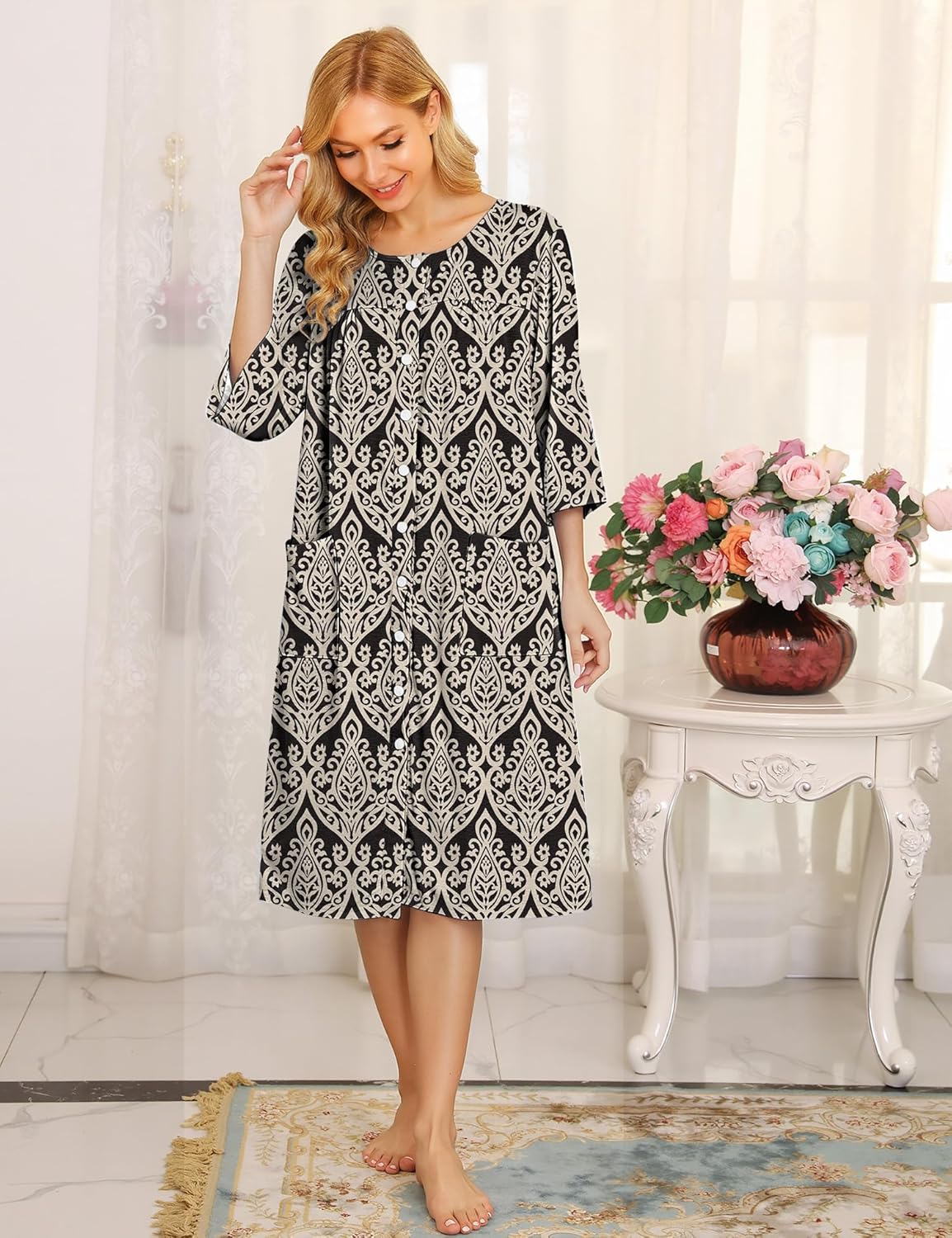 Bloggerlove House Dress Women Cotton Snap Front Nightgown 3/4 Sleeve Housecoat Duster Robe with Pockets Moomoo Patio Dress - Image 2