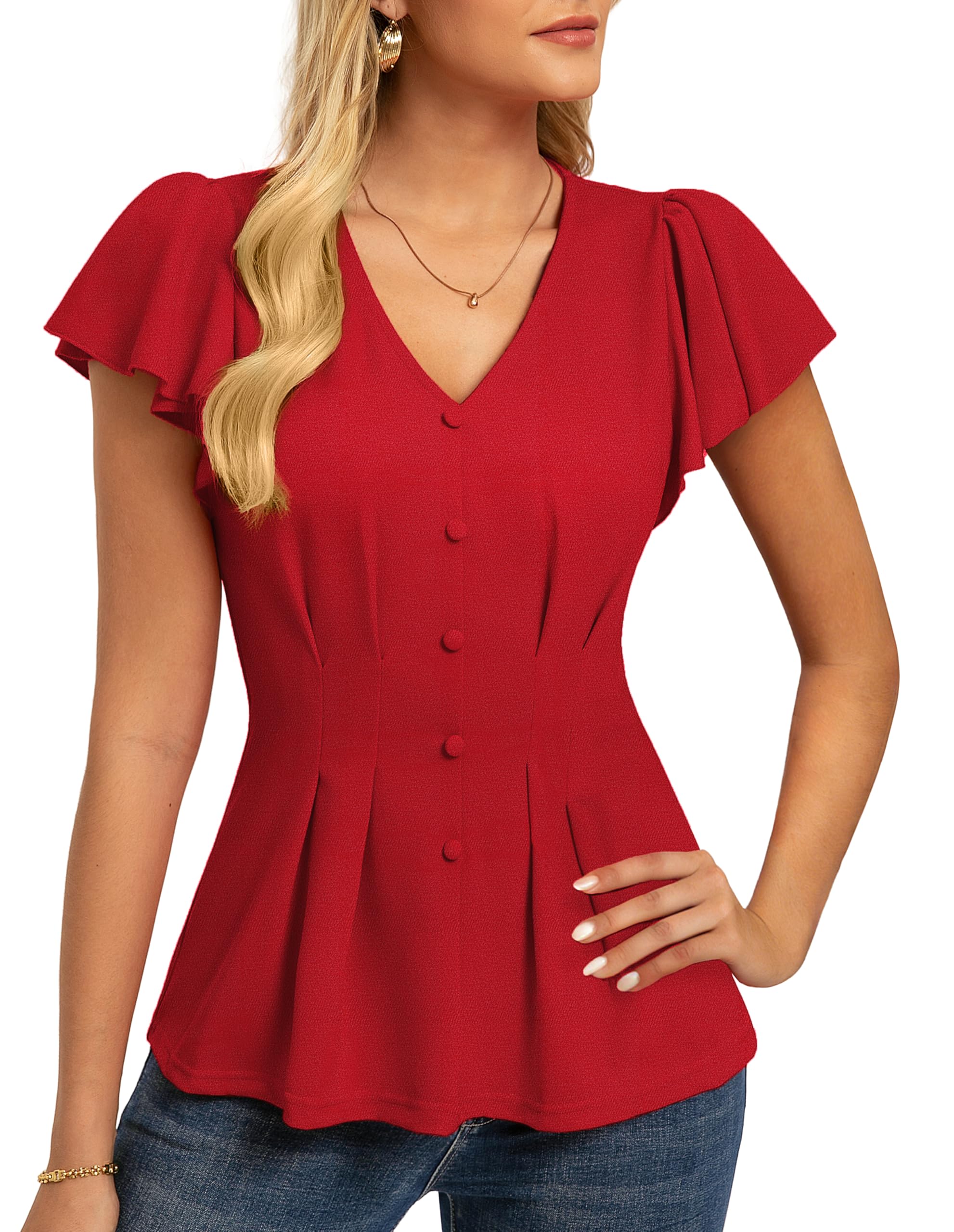 GRACE KARIN Summer Blouses for Women Dressy Casual, 2026 Ruffle Sleeve Peplum Tops, V Neck Business Work Shirts Red L
