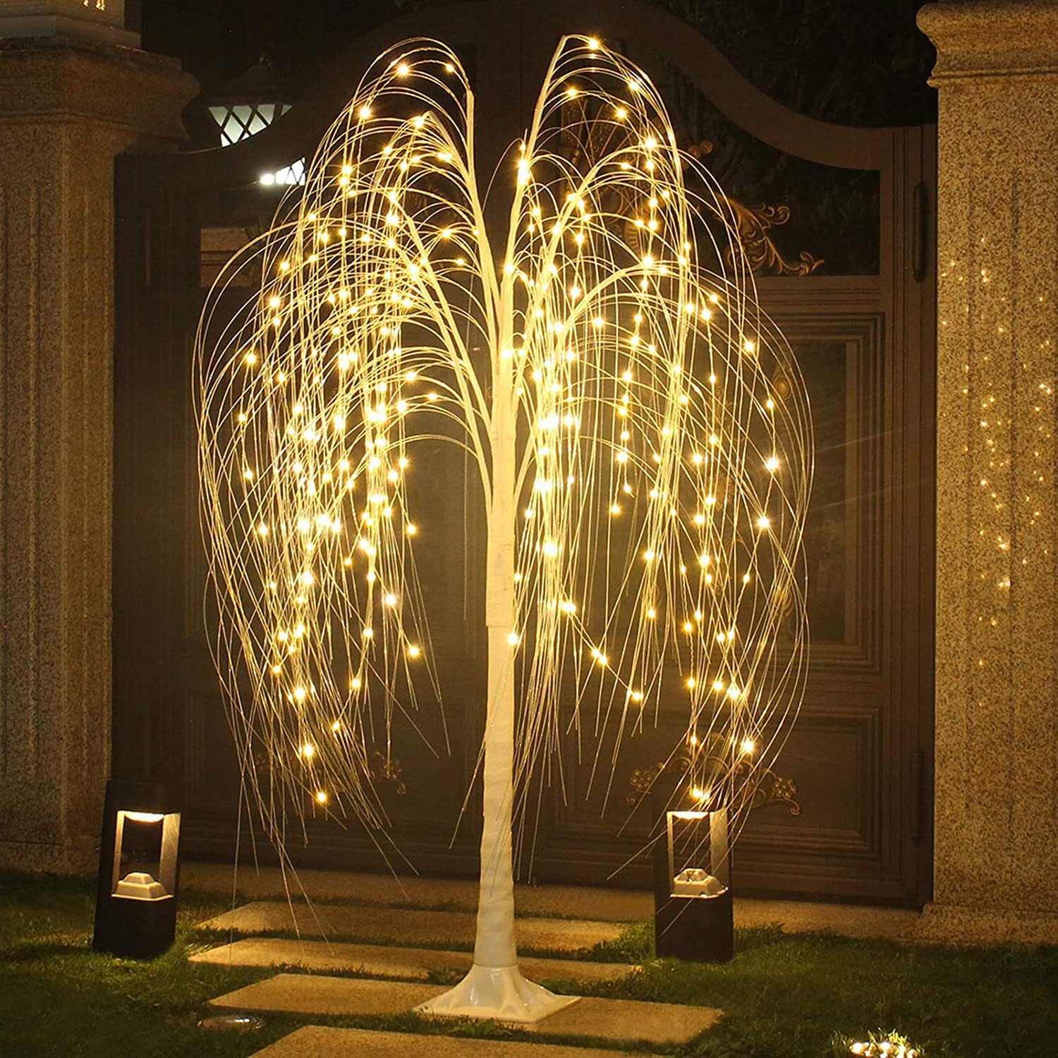 Białe drzewko LED 150 cm, sztuczna choinka bożonarodzeniowa z oświetleniem, 216 lampek LED, lampki Willow Tree Lights z kablem USB, dekoracje świąteczne LED drzewko białe-ciepłe do wnętrz,180cm