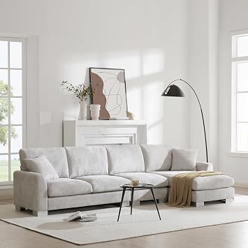 Sectional Sofa Couch, 119"x55" Oversized L-Shaped Luxury Couch Set 5-seat Comfy Chenille Sofa with Chaise, 2 Free Pillows, Indoor Furniture for Living Room, Apartment, Office, Light Grey