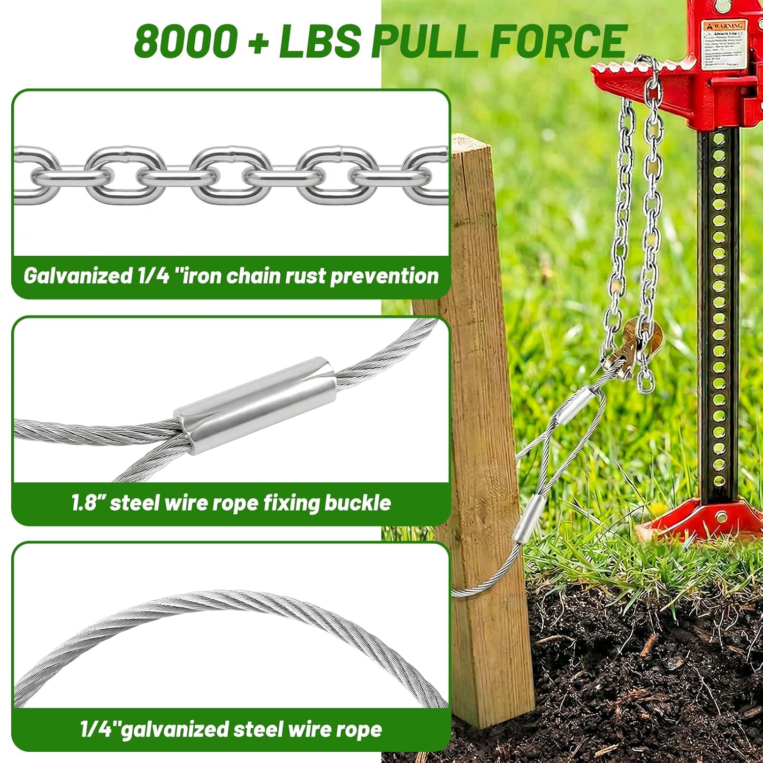 Fence Post Remover Tool with Galvanized Cable &Chain, Works with Jack or Lever to Extract 4x4 Fence Poles(Even Broken Ones) for Residential or Agricultural Fence Repair & Replacement