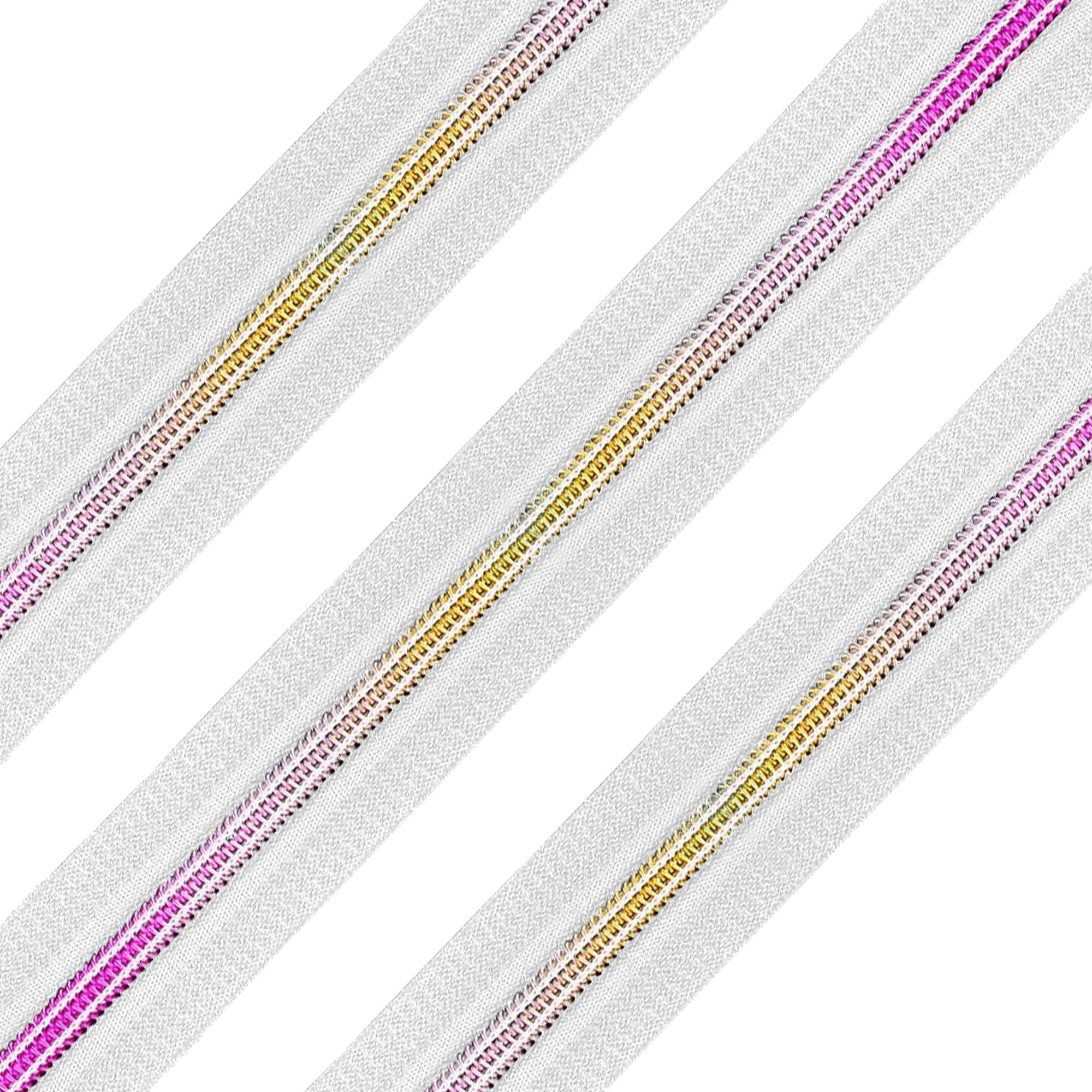 Trimming Shop Lot de 30 rubans de fermeture éclair rectangulaires en nylon arc-en-ciel avec fermeture éclair blanche de 10 mètres – Dents arc-en-ciel métalliques pour couture, couture
