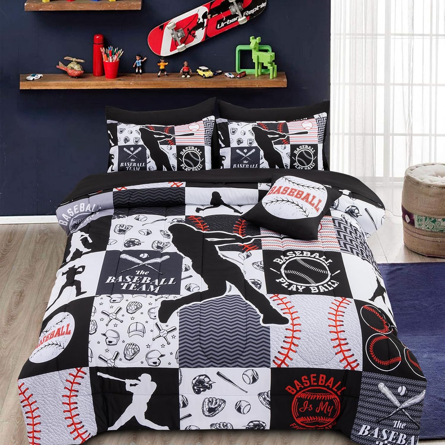 A Nice Night Sports Geometric Grid Black Patchwork Baseball Printed for Boys Twin 6Pcs Bed in A Bag Comforter Bedding Set,Black