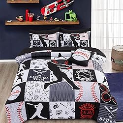 A Nice Night Sports Geometric Grid Black Patchwork Baseball Printed for Boys Twin 6Pcs Bed in A Bag Comforter Bedding Set,Black