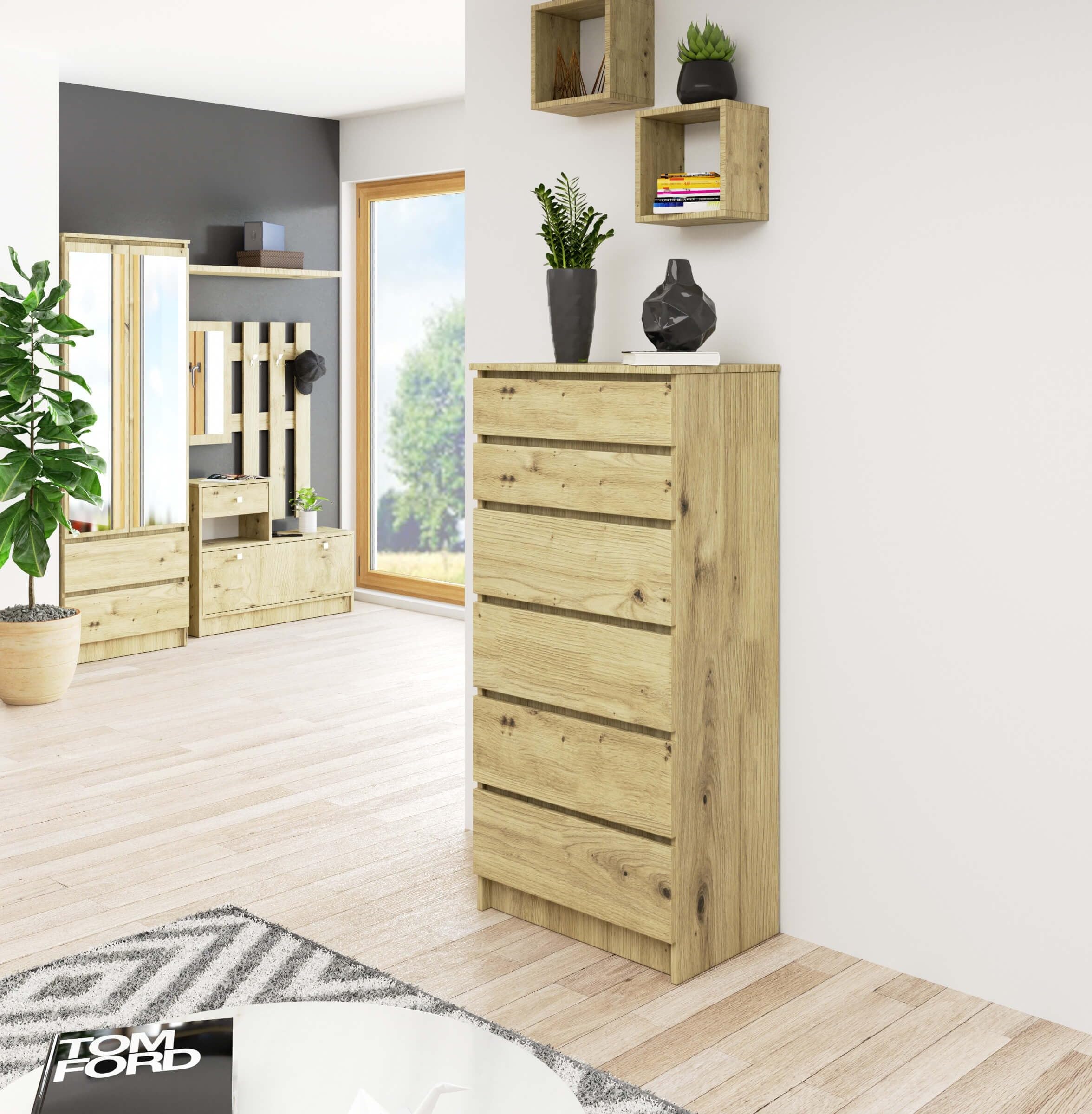 AKORD Cassettiera K60 con 6 Cassetti | Credenza Alta | Moderna Mobiletto per Soggiorno Sala da Pranzo Camera da Letto Corridoio Bagno | Armadio Cameretta | 60x130x40 cm, 43kg | Rovere artigianale