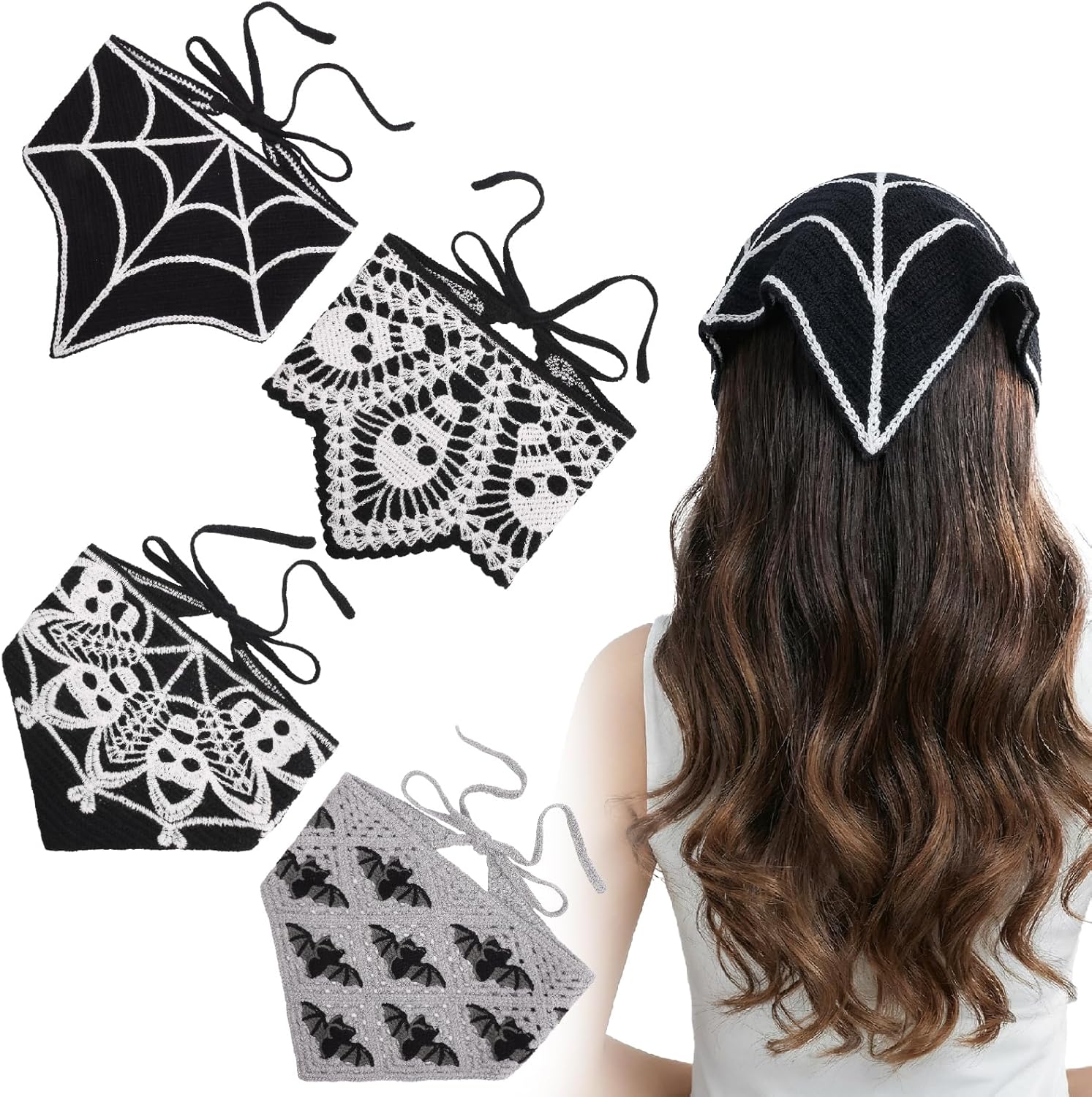 スカルヘッドバンド バットかぎ針編み バンダナ ヘッドバンド スパイダーウェブ ゴシック ヘッドスカーフ ニット 三角形 ヘアバンド