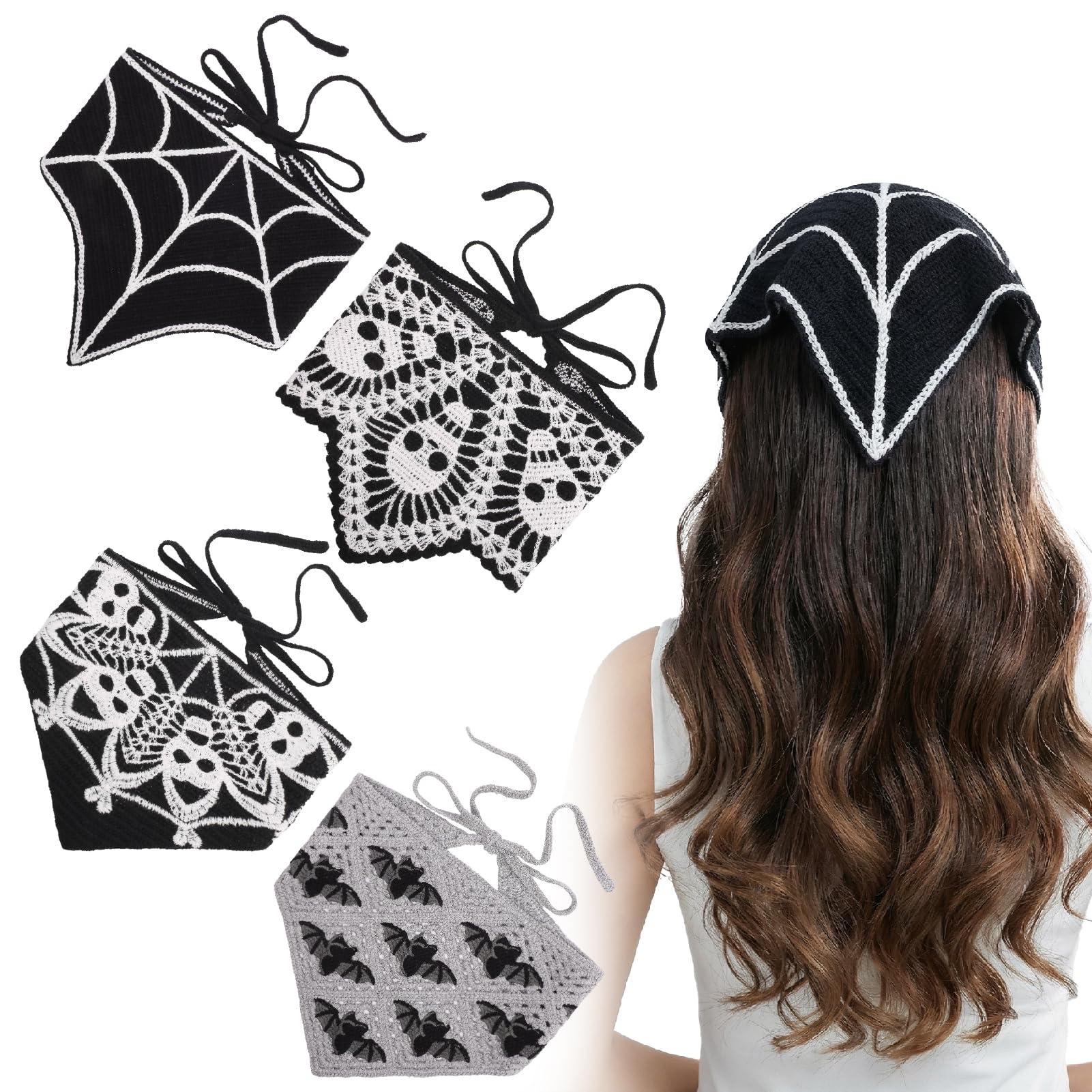 JATEBI 4 Pcs Skull Headbands Bat Crochet Spiderweb Gothic Head Scarf