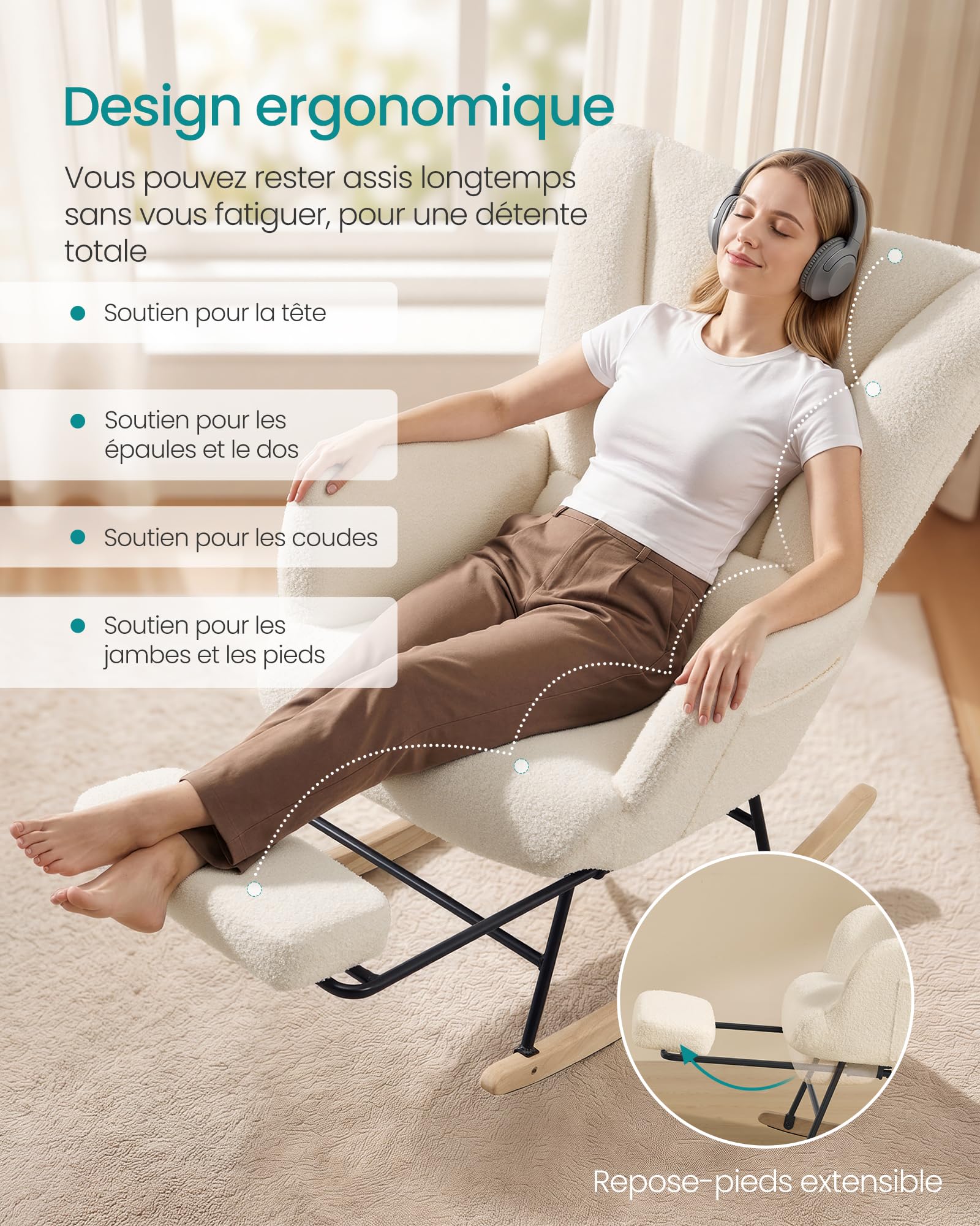 SONGMICS Fauteuil à Bascule, Chaise à Bascule avec Repose-Pieds Escamotable, Coussin Amovible, Poches Latérales, Pieds en Bois, Tissu Peluche, pour Chambre, Salon, Blanc Crème LYY018W101