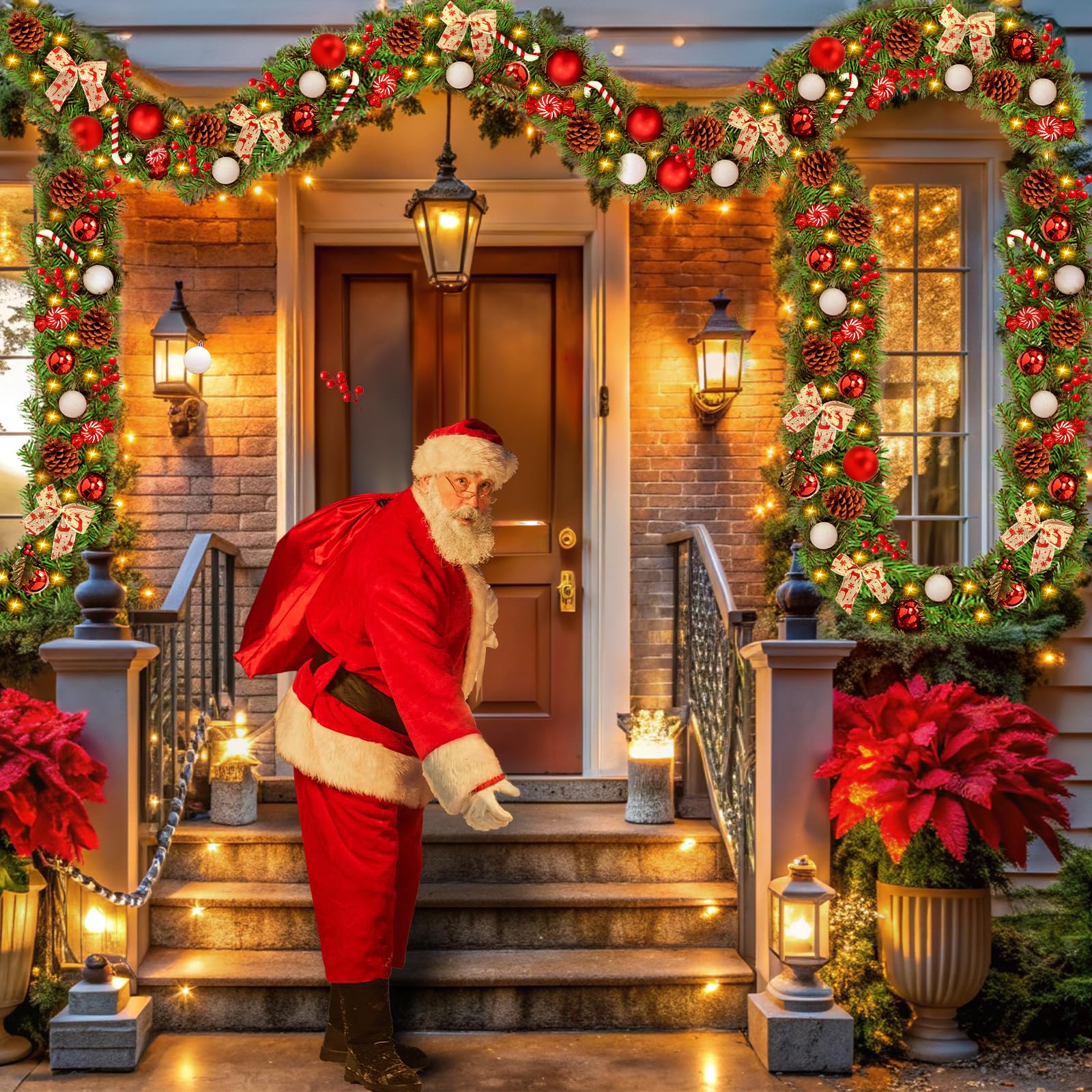 Weihnachtsgirlande 2.7M,mit Beleuchtung 50 LEDs warmweiß, Kommt mit 45 Weihnachtsaccessoires，Künstliche Tannengirlande.Weihnachtsdeko Tannengrün mit Lichterkette & Deko für In- & Outdoor.