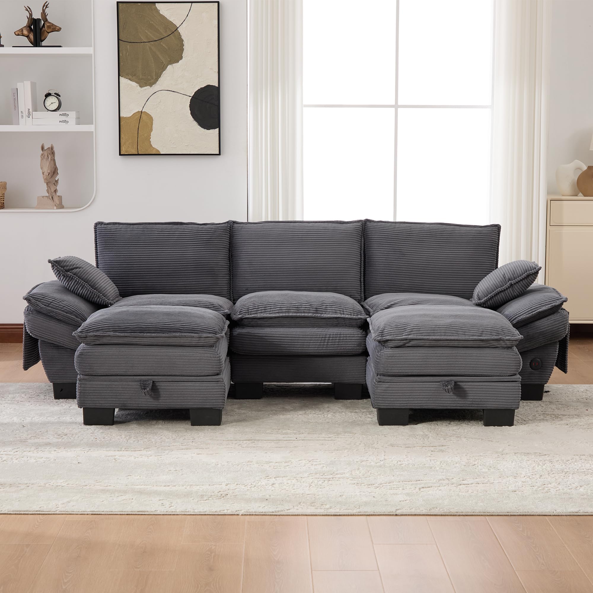 Generisch Modułowa 3-osobowa sofa ze sztruksu z 2 taboretami USB-C ciemnoszara