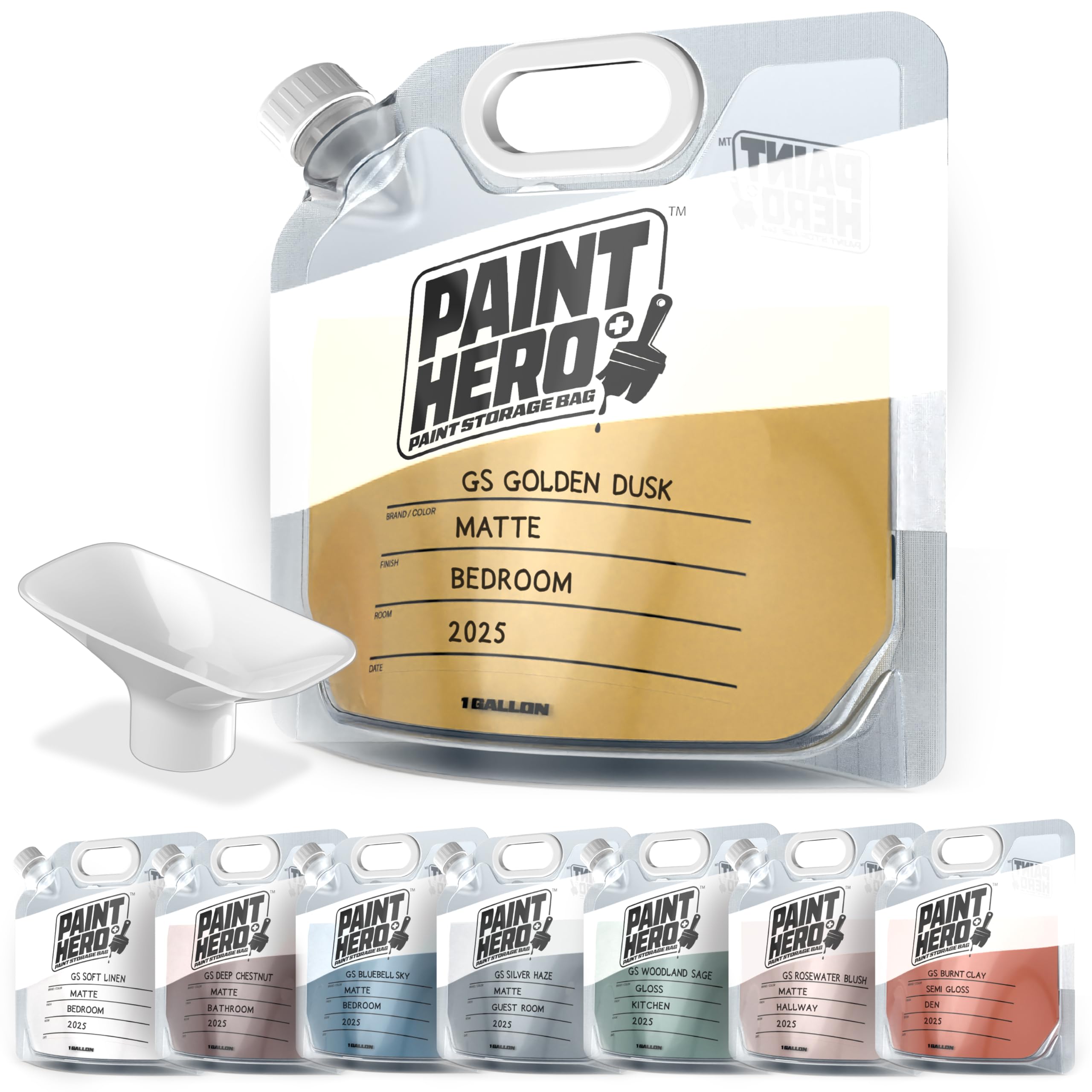 Paint Hero Paint Storage Bags - 1 Gallon Refillable Airtight Pouches with Funnel (8 Pack)