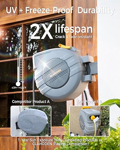 Miniatura 2 de GLAHODEN Carrete de manguera de jardín retráctil, carrete de manguera de agua automático montado en la pared de 12 pulgada x 115 pies con sistema de