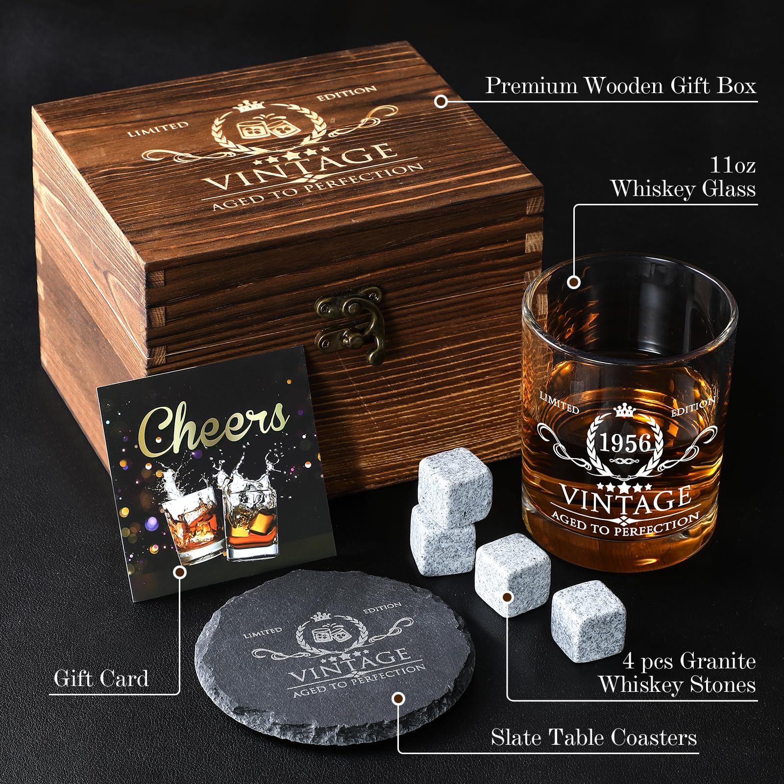 70th Birthday Gifts for Men Whiskey Glass Set - 70th Birthday Decorations, Party Supplies - 70 Years Anniversary, Bday Gifts Ideas for Him, Dad, Husband, Friends - Wood Box & Whiskey Stones & Coaster