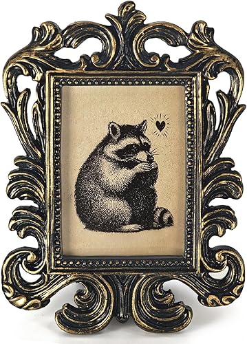 Vintage Cute Raccoon Small Picture Frame, Funny Mini Ornate Photo Frame for TableTop Desk Display Decor, Rustic Retro Baroque Prints Decorations