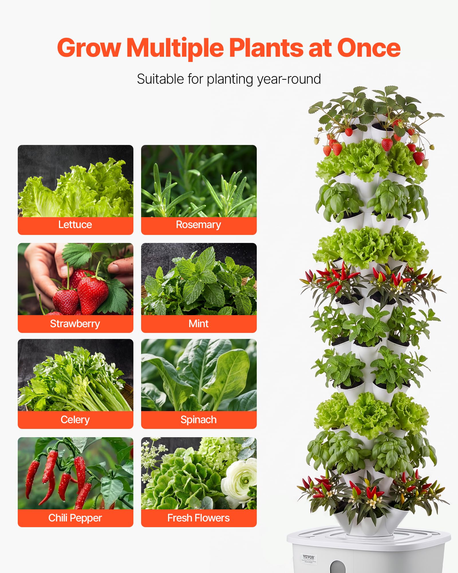VEVOR Kit de Cultivo Hidropónico, Sistema de Torre Hidropónica, 10 Niveles y 50 Agujeros, con Ruedas Bomba de Agua y Depósito de 20 Litros, Control Inteligente, Torre de Plantación para Hierbas Frutas