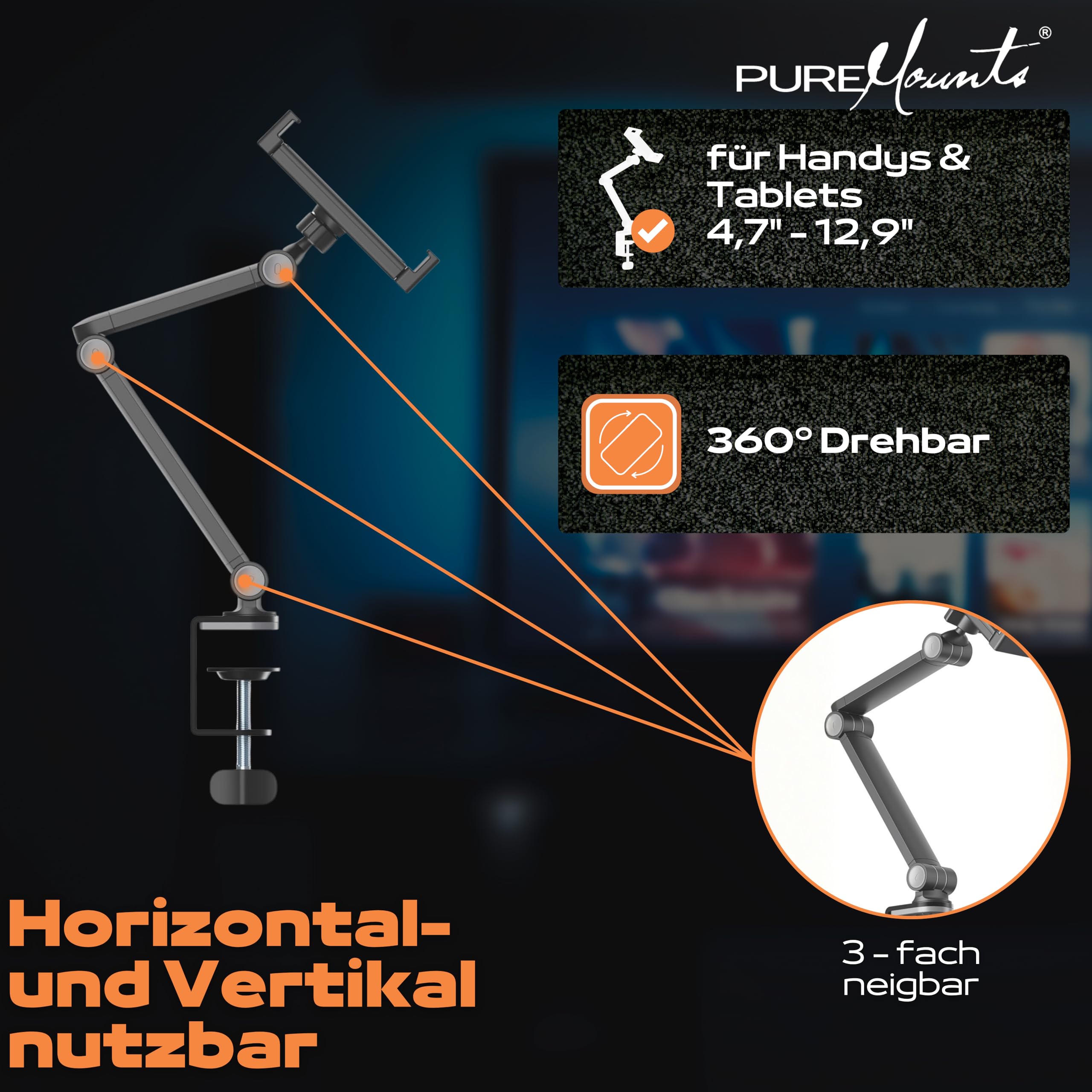 PureMounts® Uchwyt na tablet, tablet 4,7" do 12,9", obracany o 360°, nośność do 1 kg, silikonowa podkładka, czarny