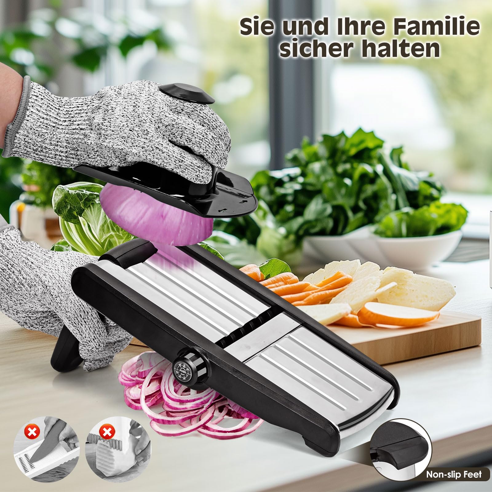 Myiosus Mandoline Gemüsehobel, 5-In-1 Verstellbar Gemüsehobel Edelstahl mit Schnittfesten Handschuhen und 1 Reinigungsbürste, Multifunktion KücheCnhobel für Kartoffeln, Tomaten, Obst, Hobel Küche Küche, Haushalt & Wohnen