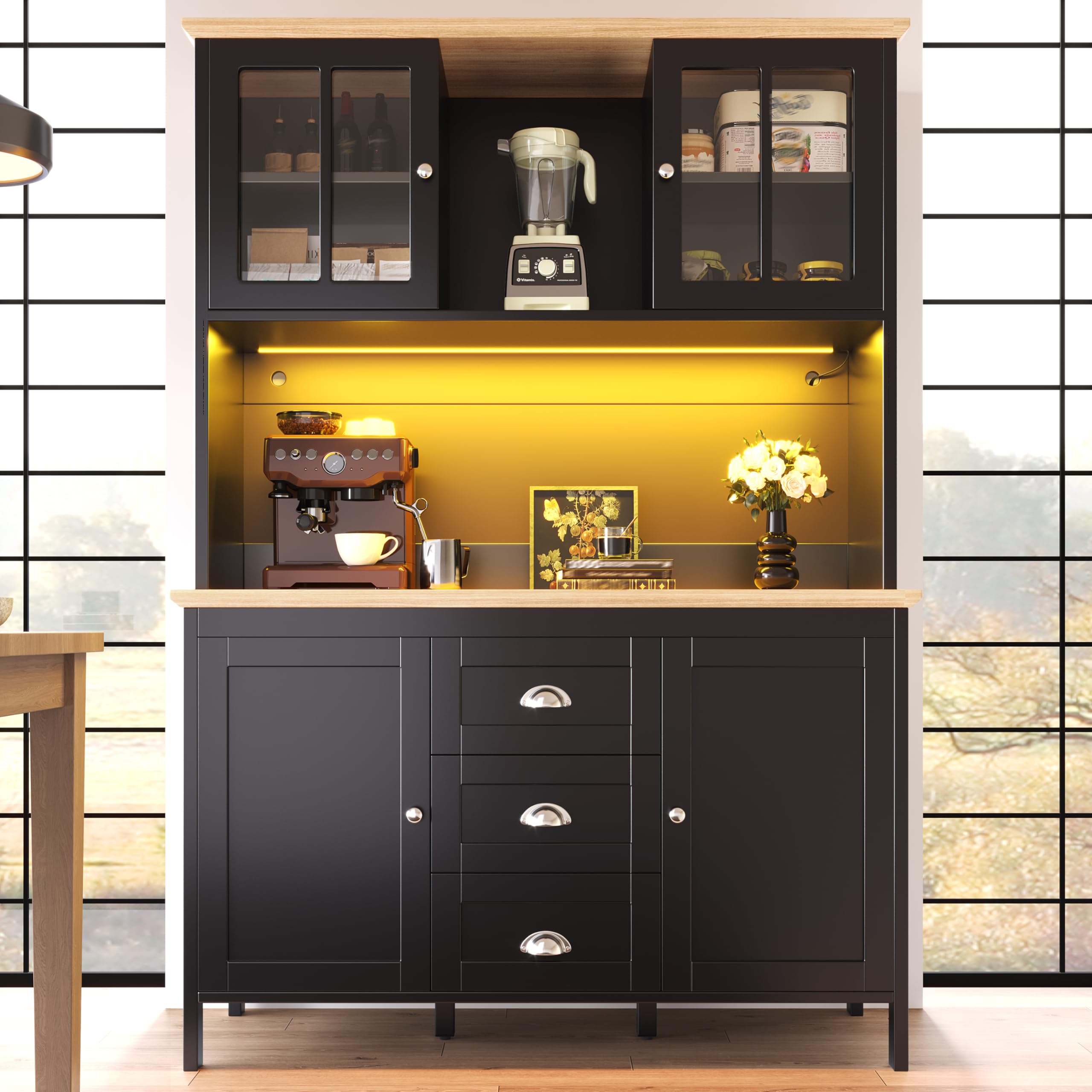 Armadio laterale, 120 x 40 x 179 cm, armadietto da cucina, armadietto alto, 4 ante, 3 cassetti, bianco/nero