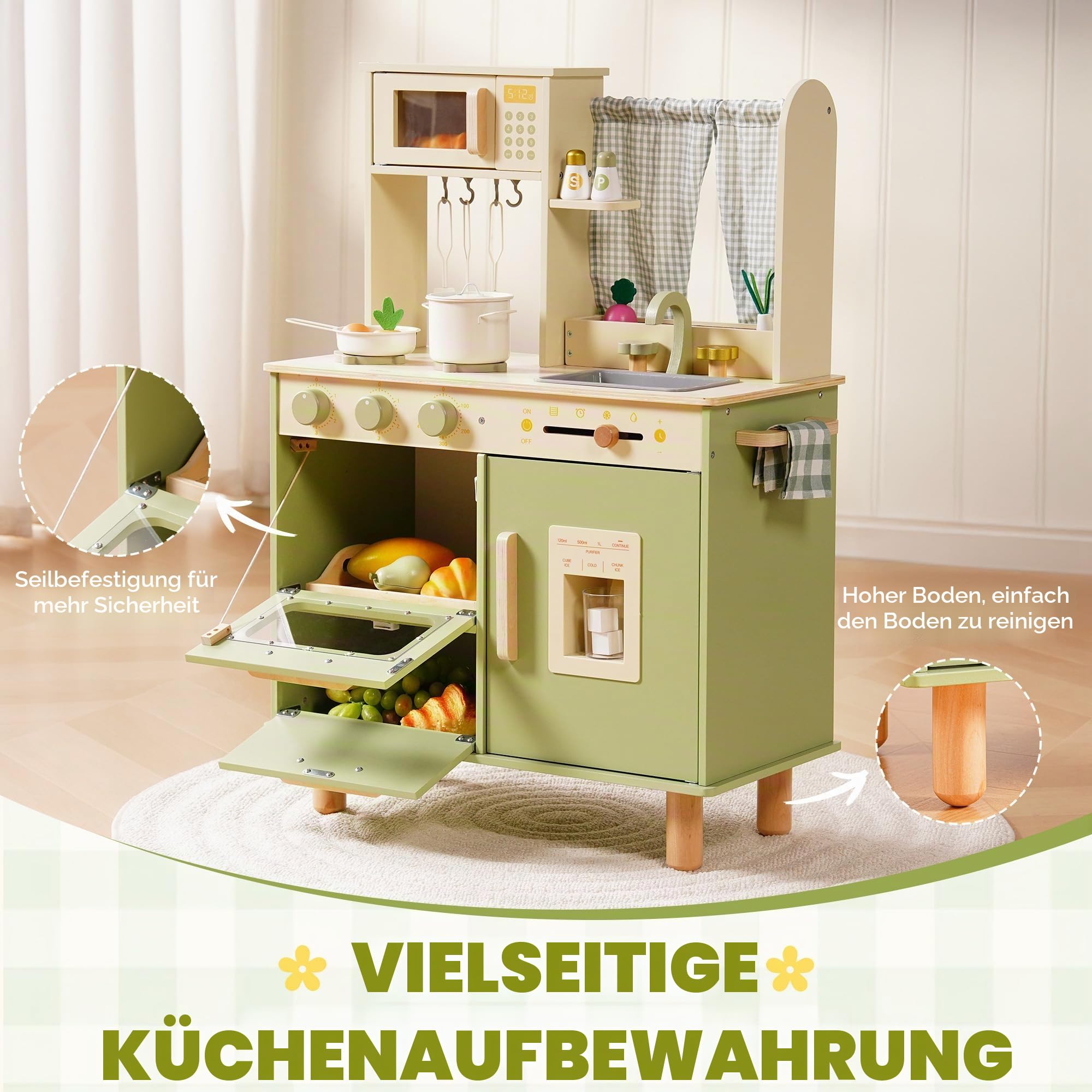 ROBUD Kinderküche aus Holz – Spielküche mit Kühlschrank, Eiswürfelspender, Backofen & Zubehör, Rollenspielküche für Kinder