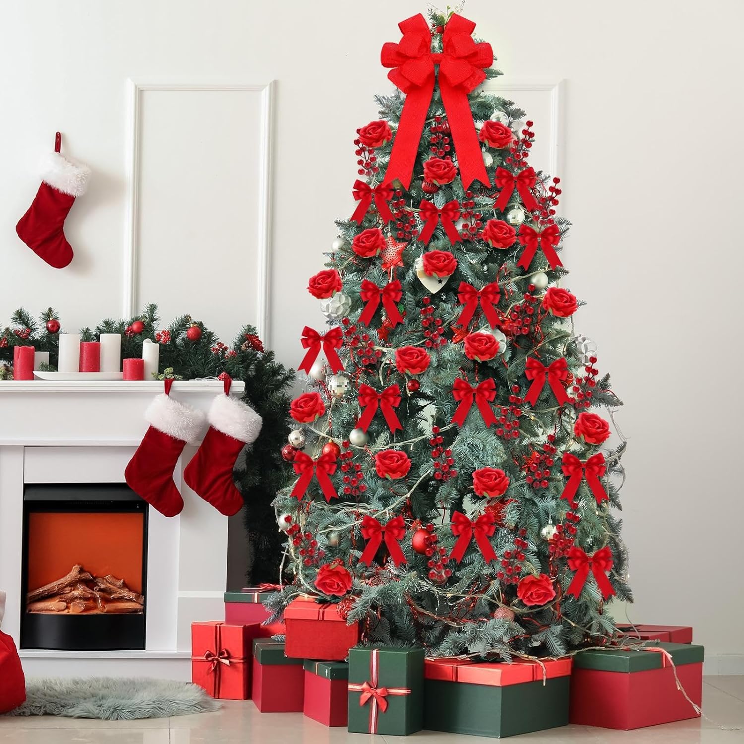 Duraaamo 61 Pcs Rose Christmas Tree Decoration Include Faux Rose Artificial Berries Small Ribbon Bows Big Topper Bow Holiday Decorations Set for Home Wreaths Xmas Tree(Red)