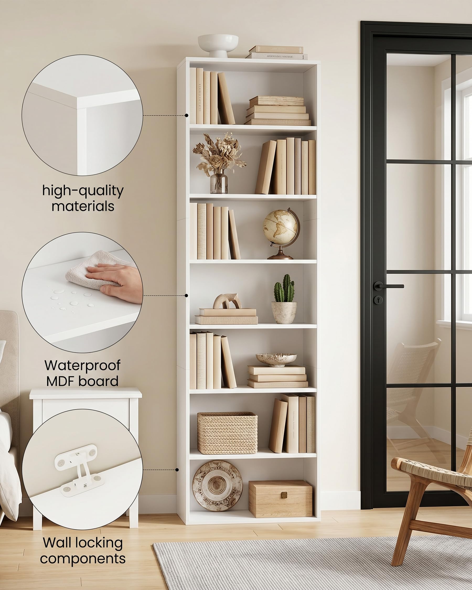 Estantería Alta Blanca Librería Estrecha de 7 Estantes Estanteria Almacenaje para Libros Mueble Esquinero para Hogar Oficina Cocina Salon