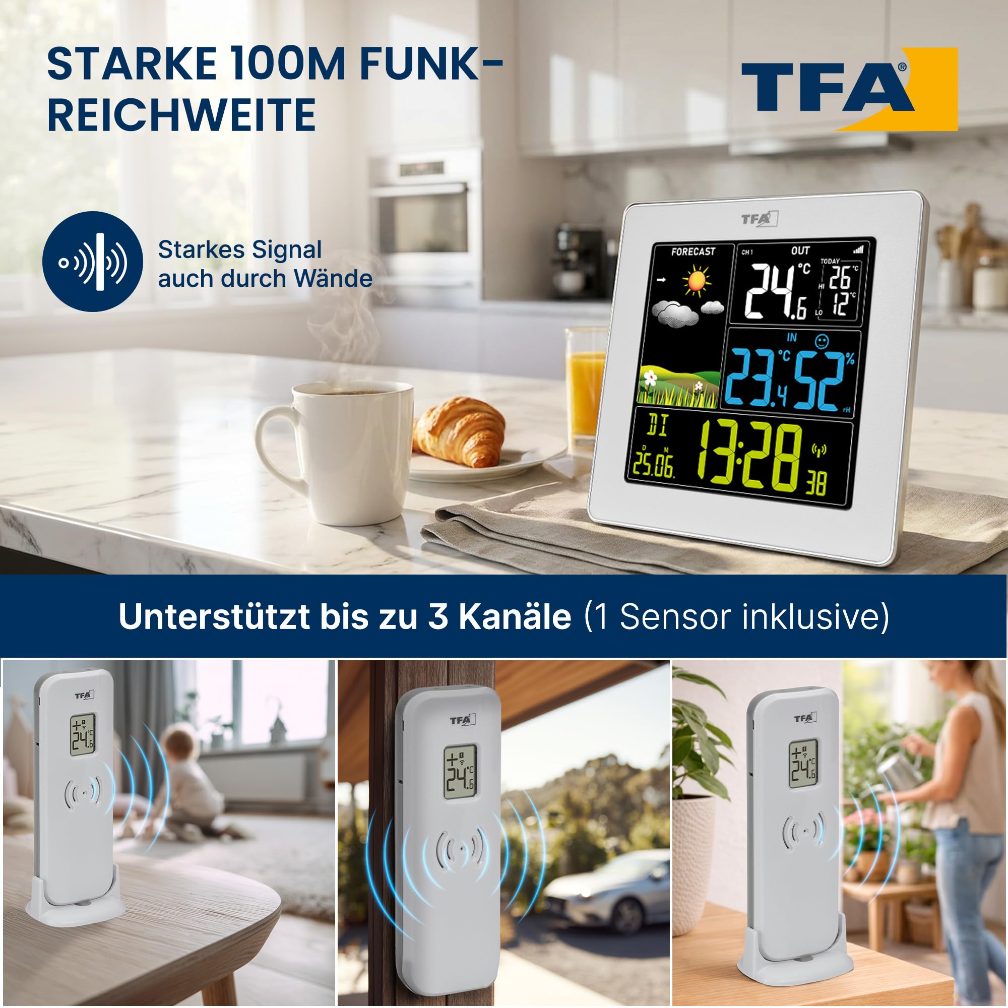 TFA Dostmann Digitale Funk Wetterstation SUN2, Außensensor, Farbdisplay, Hygrometer, weiß