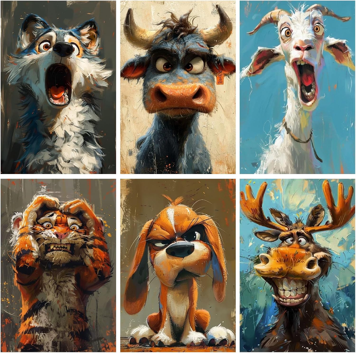 Canrichshop 6-Pack Animals Paint by Numbers Kit for Adults Frameless,Funny DIY Adult Oil Painting Kits on Canvas,Easy Acrylic Paint by Number Beginners for Home Decor 9.8x13.8 Inch