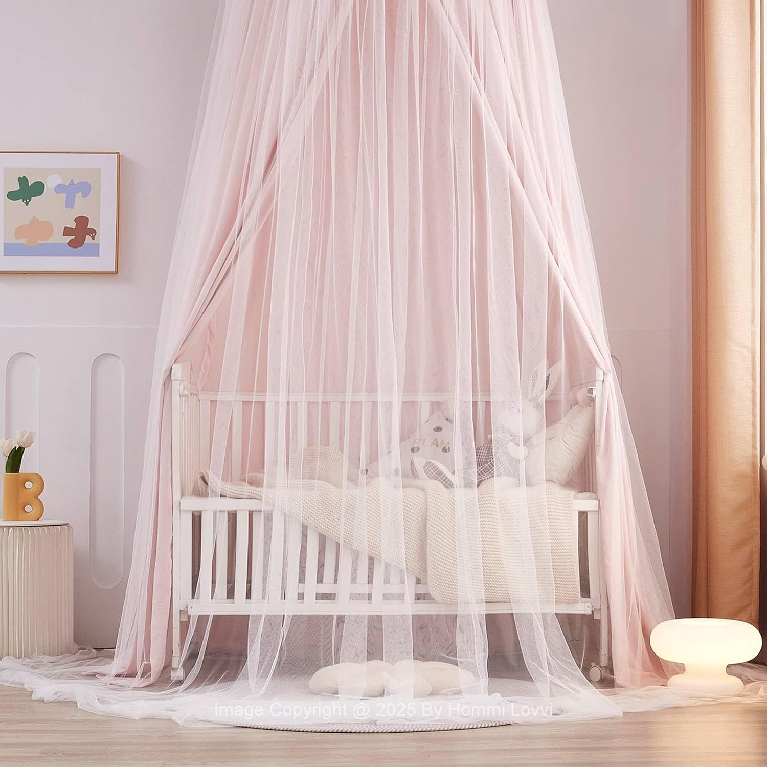Double Layers Bed Canopy with Star Lights, 3 Pieces Layers Canopy for Girls Bed, Princess Round Dome Dreamy Play Tent, Hanging Kids Reading Nook Mosquito Net, Machine Washable - Pink