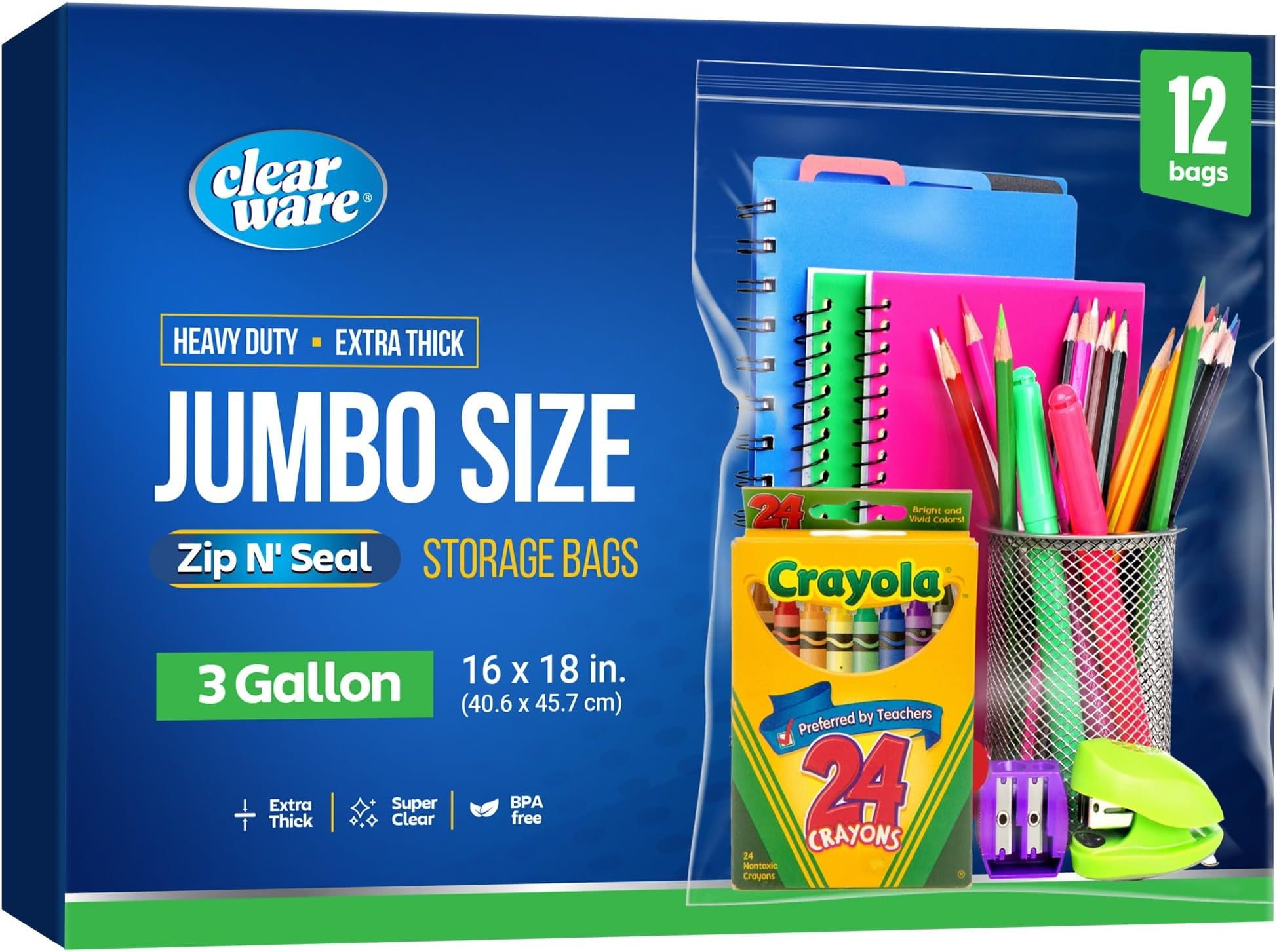 12 Large Zippered Storage Bags - 3 Gallon Size, 16" x 18", Extra Large Plastic for Clothing, Travel, Moving, Reusable Large Freezer Bags, BPA Free, 2 Mil Thickness