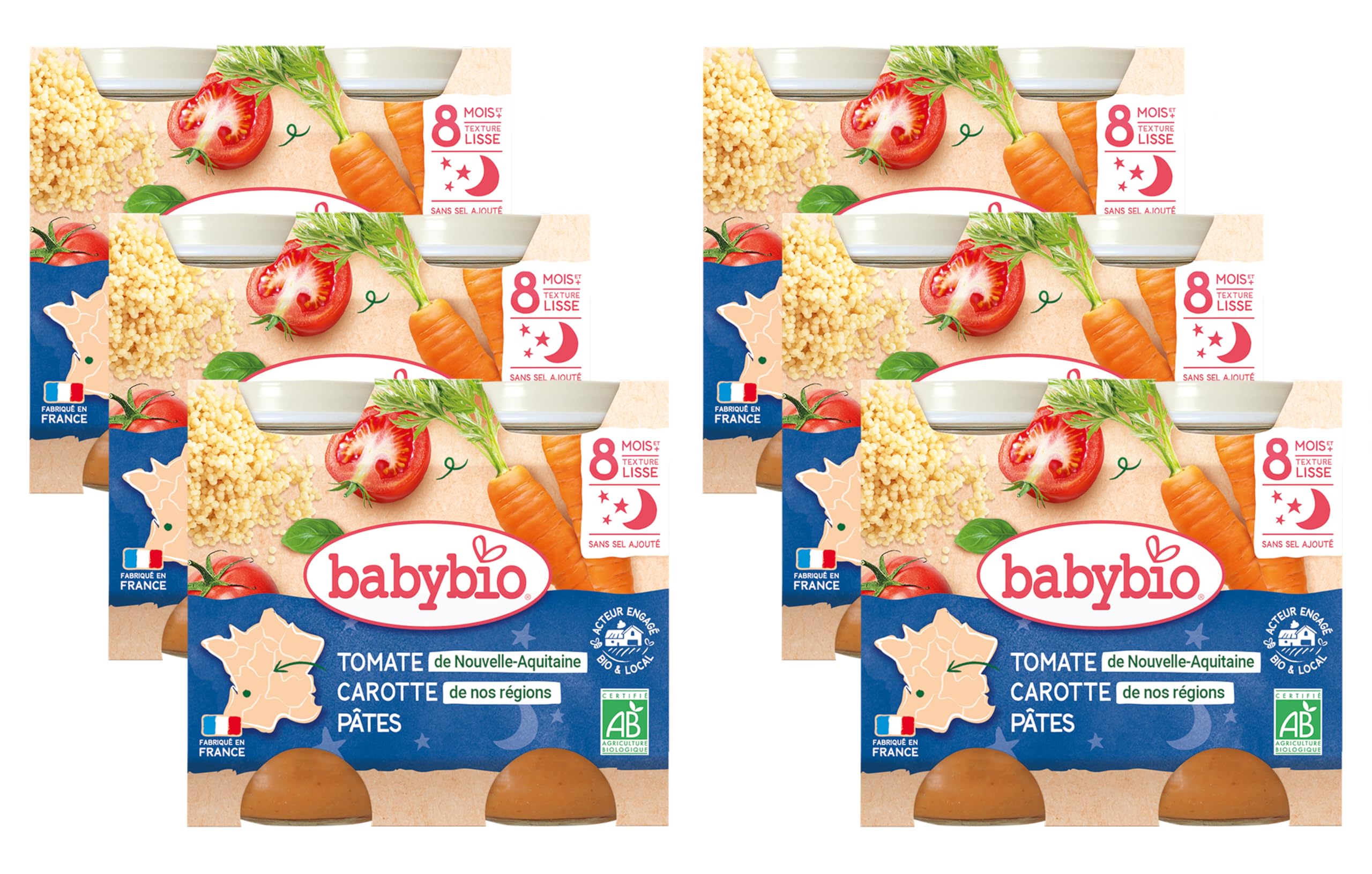 Babybio - Petits Pots - Compotée de Carottes Tomate/Pâtes- 2x200g - Lot de 6 - BIO