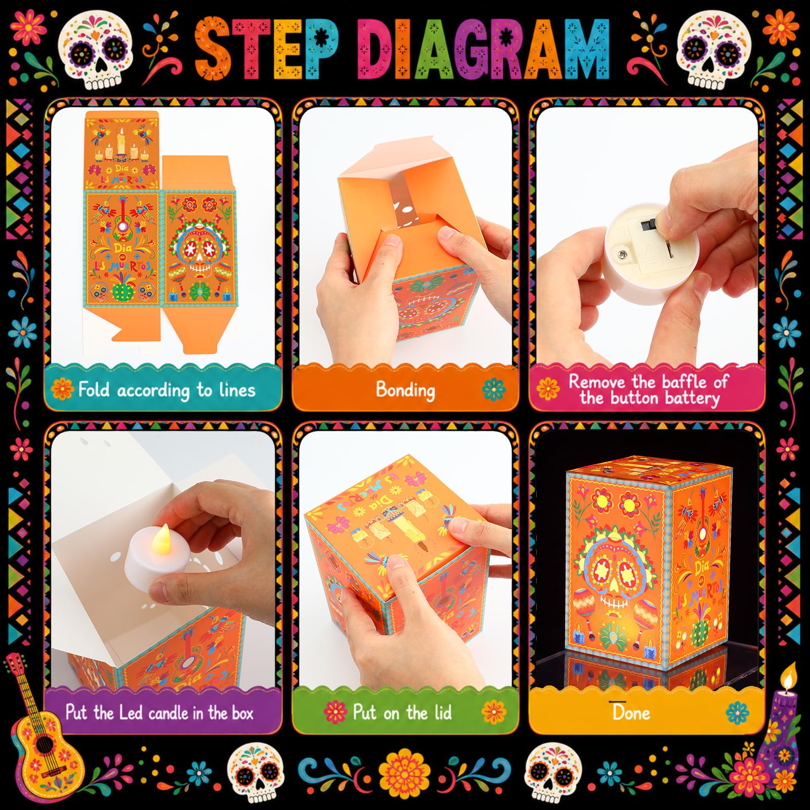 Tujoe Juego de 96 piezas de decoración del Día de los Muertos, con forma de calavera, portavelas con luces LED, caléndula artificial, mariposa monarca para decoración al aire libre de altar de Ofrenda