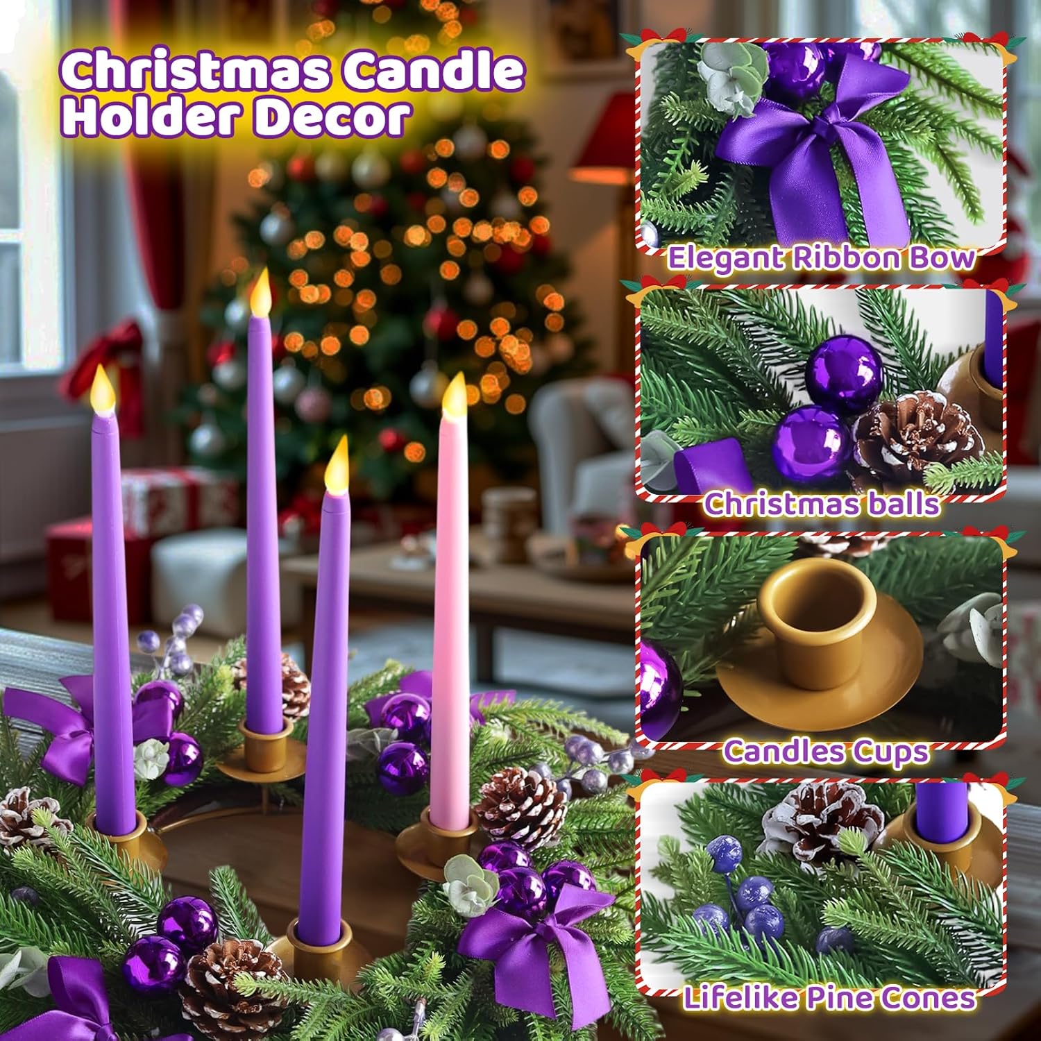 14インチ クリスマス アドベント リース キャンドルホルダー リース キャンドルセット パープルリボン ベリー 松ぼっくり クリス