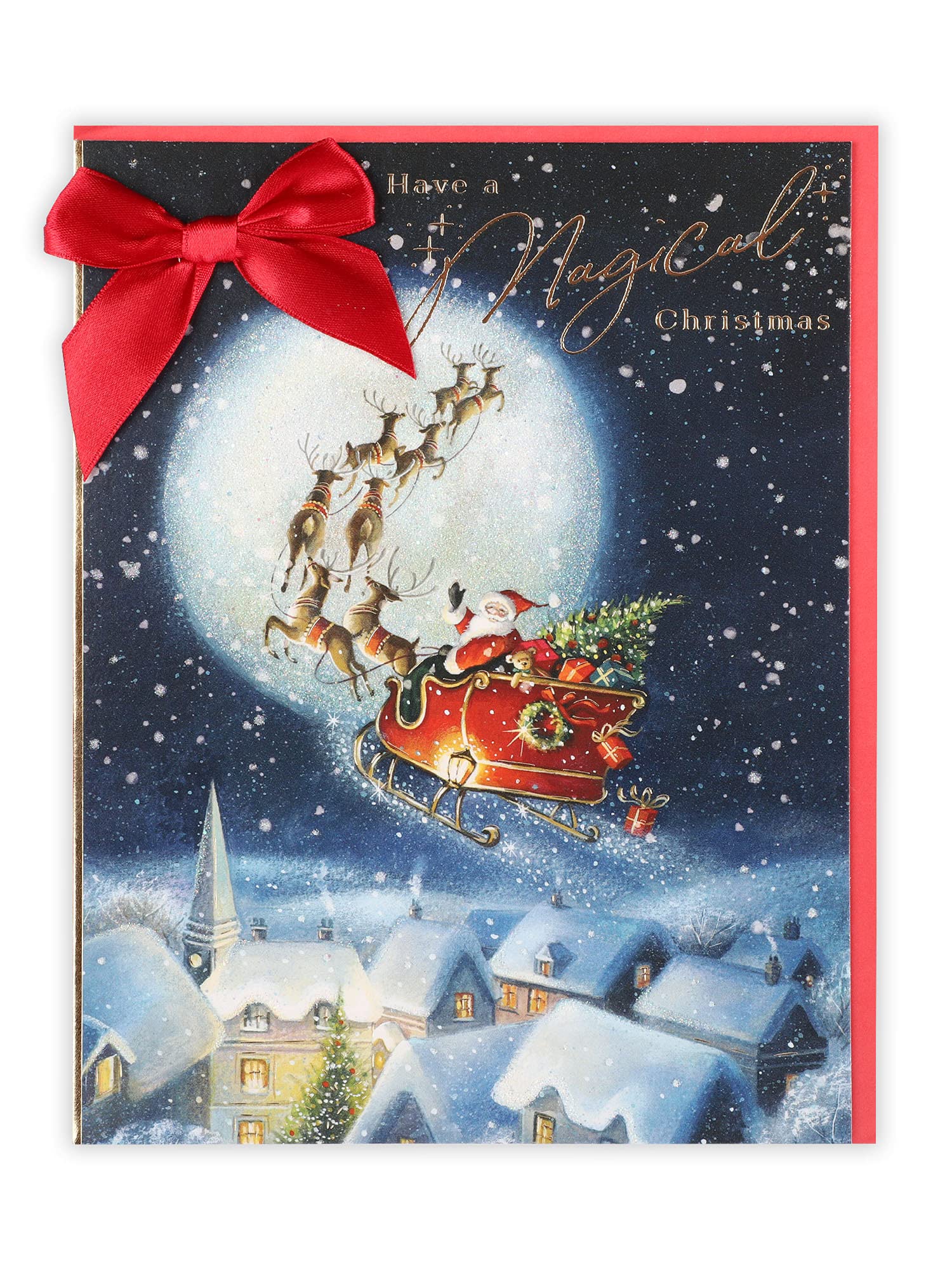Clintons: Traditional Santa in Sleigh over Town General Christmas Card 155 x 201, Blue,1181061