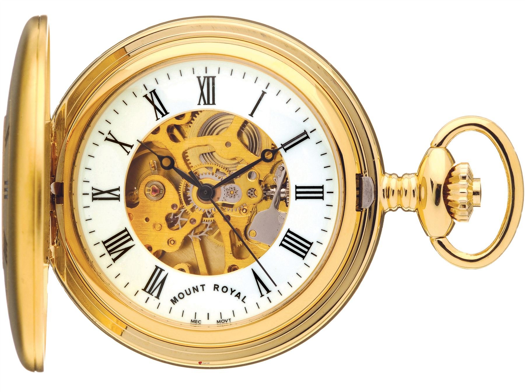 Reloj de bolsillo I LUV LTD Skeleton Half Hunter en oro con movimiento de 17 joyas 5