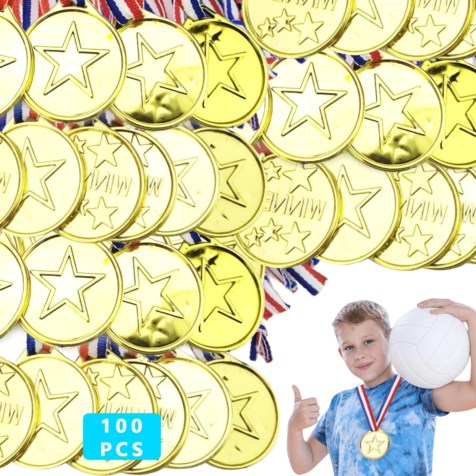 100 medallas para niños de juguete, medallas de oro para niños medallas, medallas de oro con cinta de nailon tricolor, medallas de premios de metal para fiestas de fútbol niños