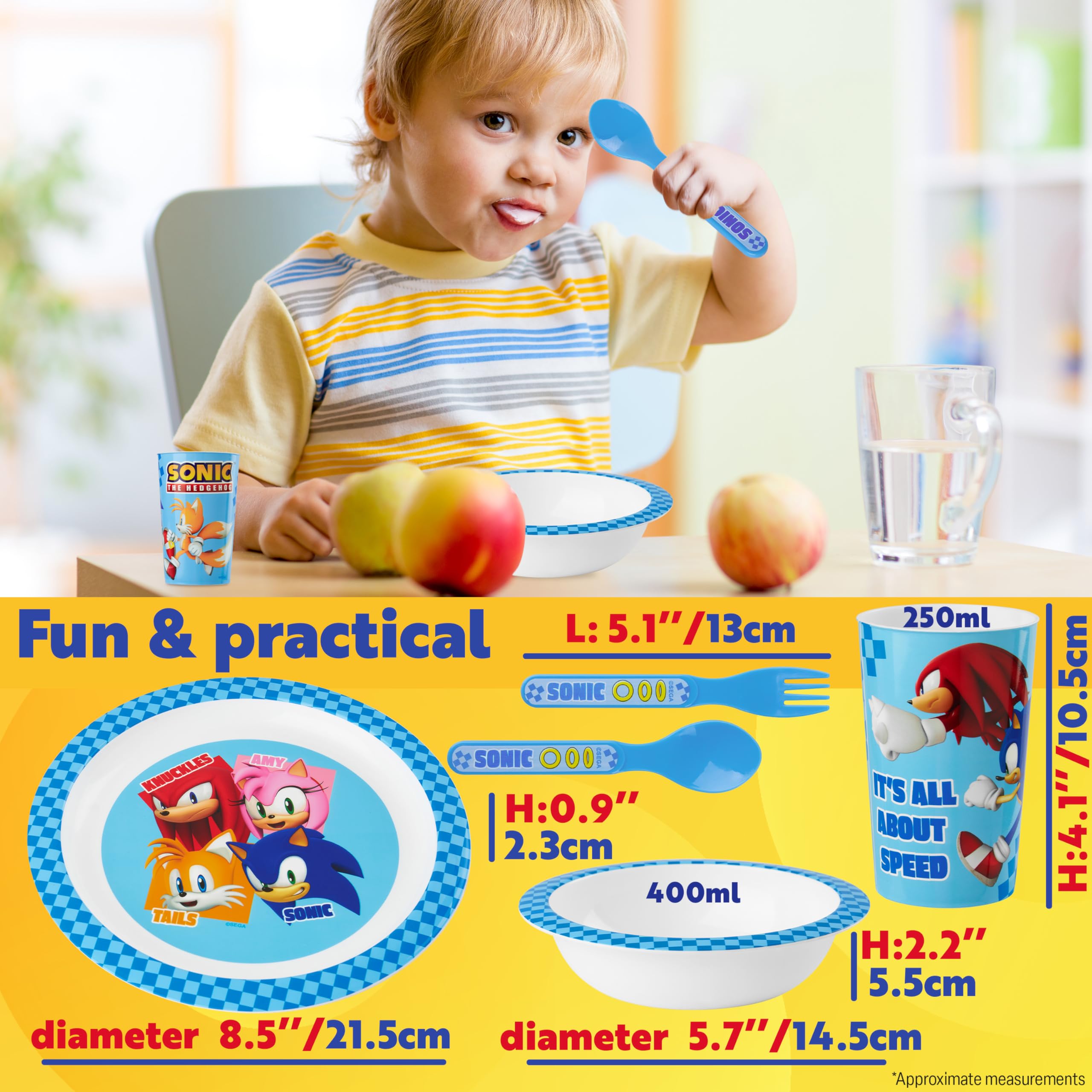 Get Trend SONIC THE HEDGEHOG Set Stoviglie Bambini, Posate Set 5 Pz Riutilizzabile, Piatti Plastica Ciotola Tazza Cucchiaio Forchetta, BPA Gratuita (Blu Sonic The Hedgehog)