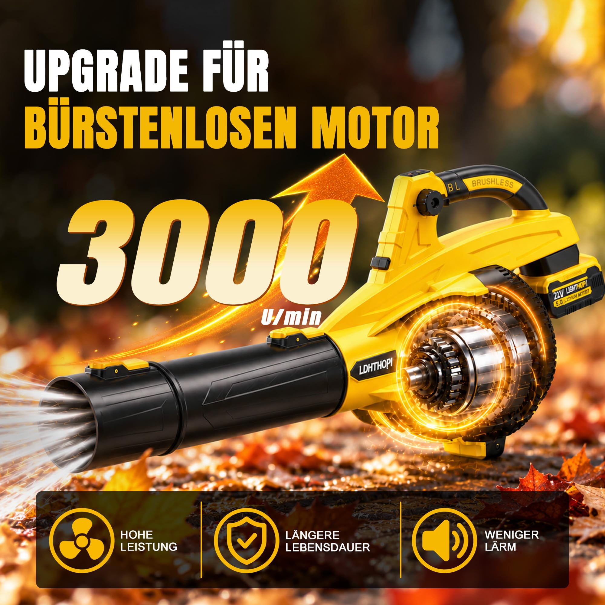 LDHTHOPI Akku-Laubbläser, 320 km/h Bürstenloser Motor, 2X 5000mAh Akkus & Ladegerät, 13-Stufen Kabellos Laubgebläse, 2,6 kg Leicht für Garten, Laub & Schnee