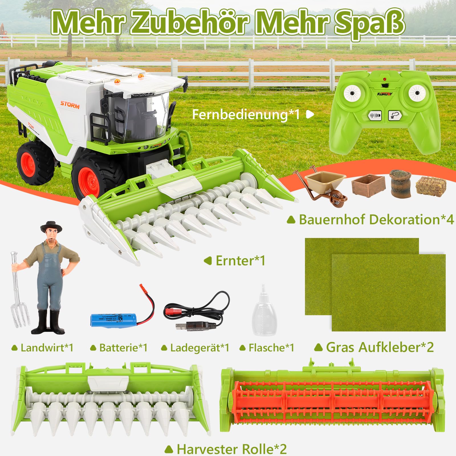 Charmofun Ferngesteuerter Mähdrescher, Mähdrescher Spielzeug Groß, RC Harvester Traktor mit Licht und Sprühen, Ferngesteuerter Bauernhof Traktor Spielzeug ab 3 4 5 6 Jahre