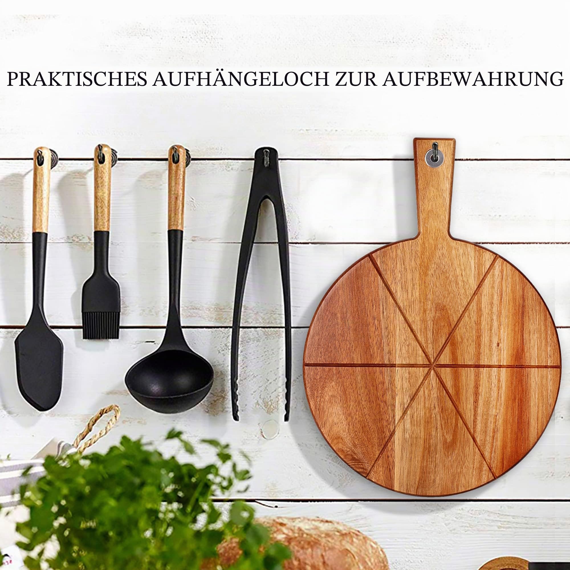 Pizzabrett Akazienholz, TJ POP 30 x30 cm Pizzateller Pizzaschneidebrett mit Pizzaschneider und Pizzaschale, rundes Pizzaschneidebrett Serviertablett zum Backen von selbstgemachter Pizza