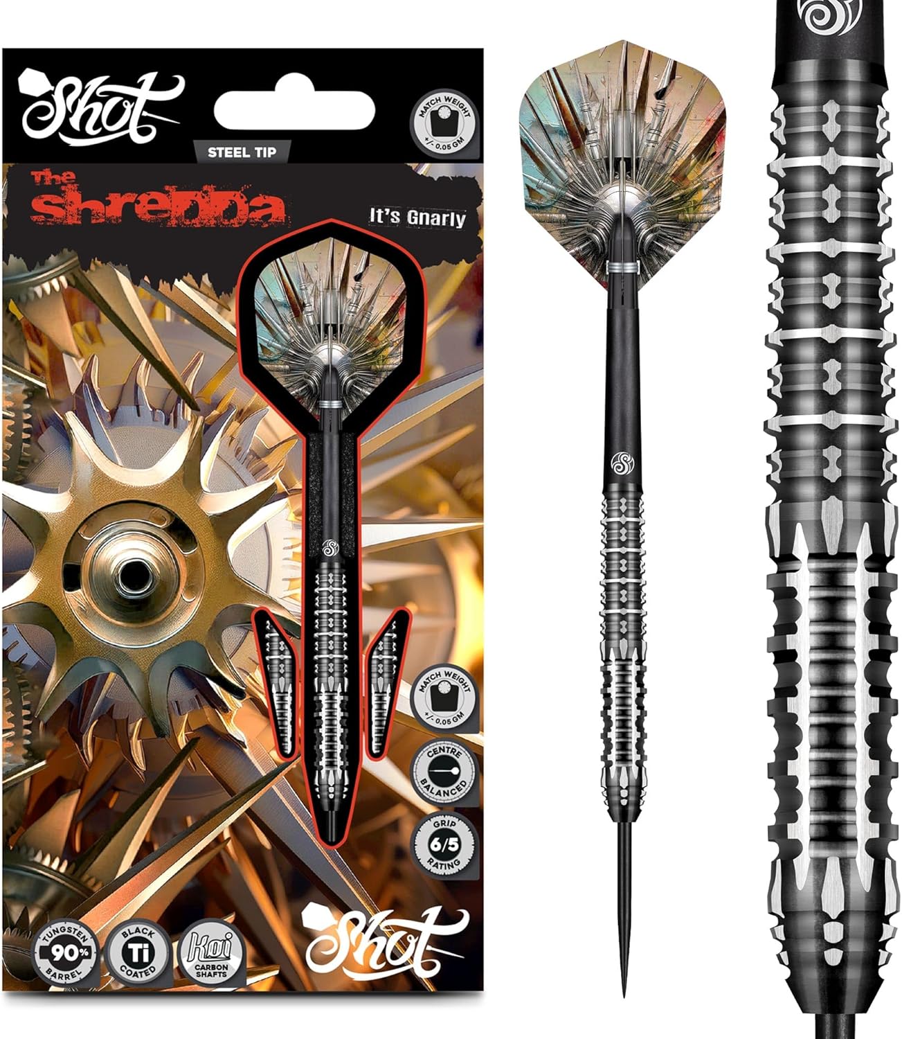 Shot! Gnarly Shredda Soft Tip Darts Set 90% Tungsten Centre Weighted Steel Tip Darts for Bristle Dartboard (26, Grams)