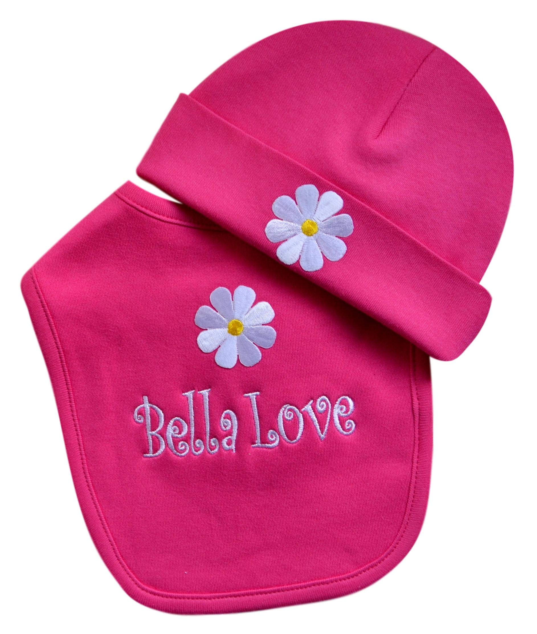 Personalized Baby Girl Bib with Matching Hat Featuring Daisy with Custom Name New Baby Gift Set