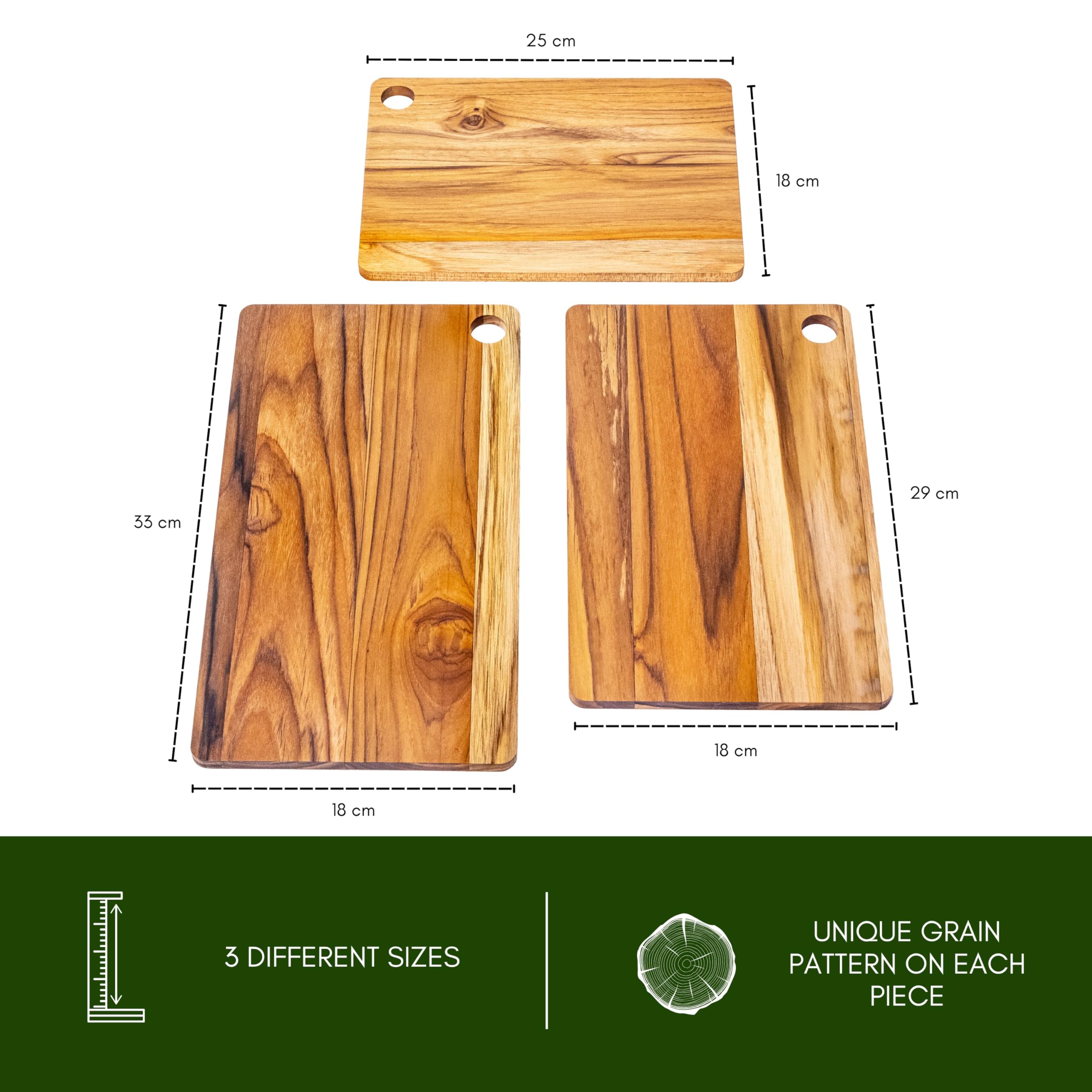 Erreke Set de 3 Tablas Reversibles en Madera de Teca en Diferentes Tamaños, Tabla Cortar Cocina Madera, Soporte Incluído Cocina Barbacoa Servir Carne Queso Pan