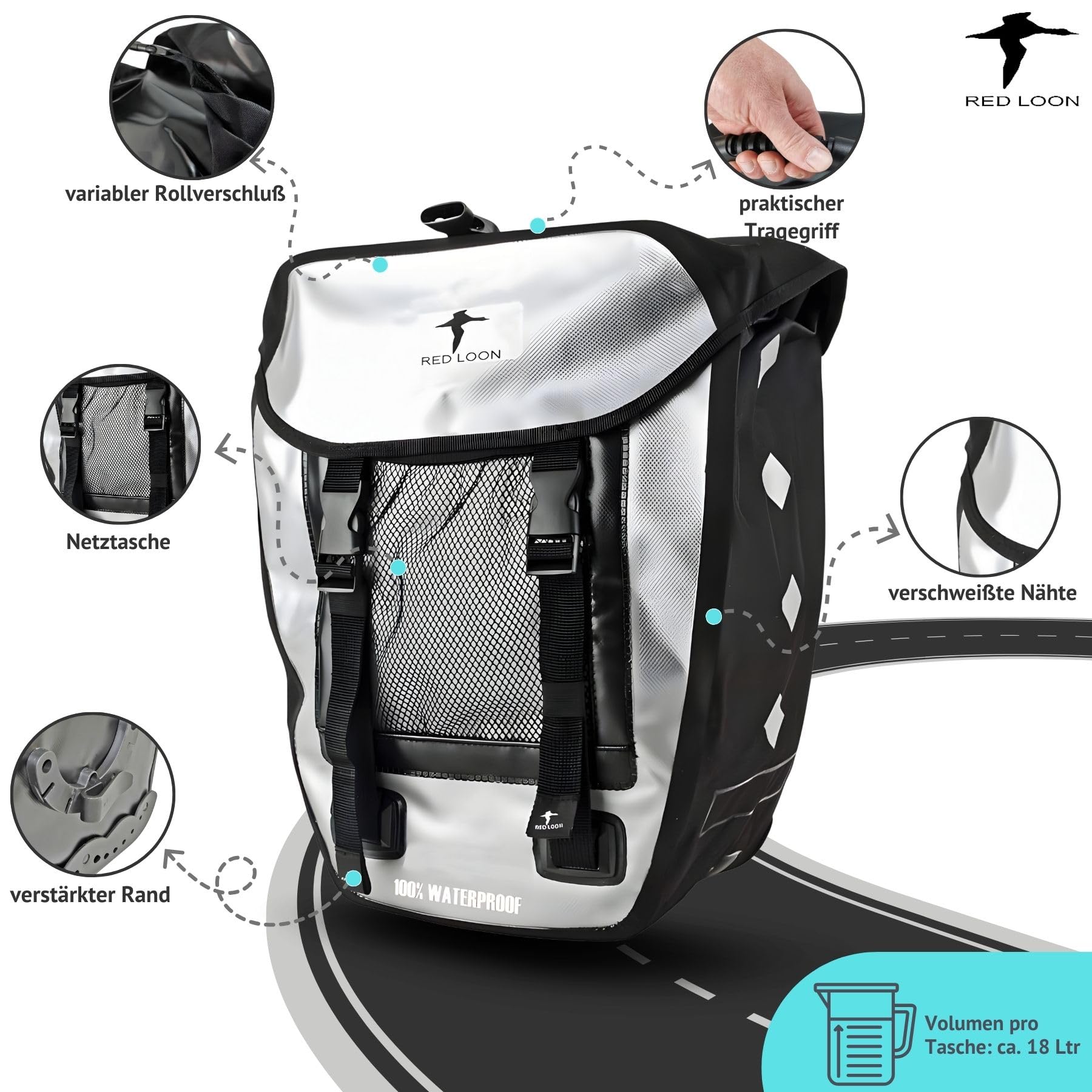 Red Loon Fahrrad Gepäckträgertasche Fahrradtasche Packtasche Pro Double Silber/schwarz - Fahrradtasche Gepäckträger - 18L Fahrrad Taschen hinten