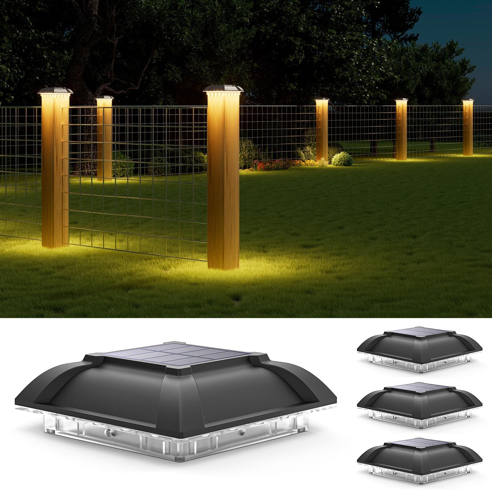 Solar Post Cap Lights Outdoor 4pack - Downward Lighting Waterproof Deck Fence Post Solar Lights for 4x4 Wooden/Vinyl Posts, Warm White Glow, Ideal for Deck Edges/Stair Railings/Porch/Backyard Fence